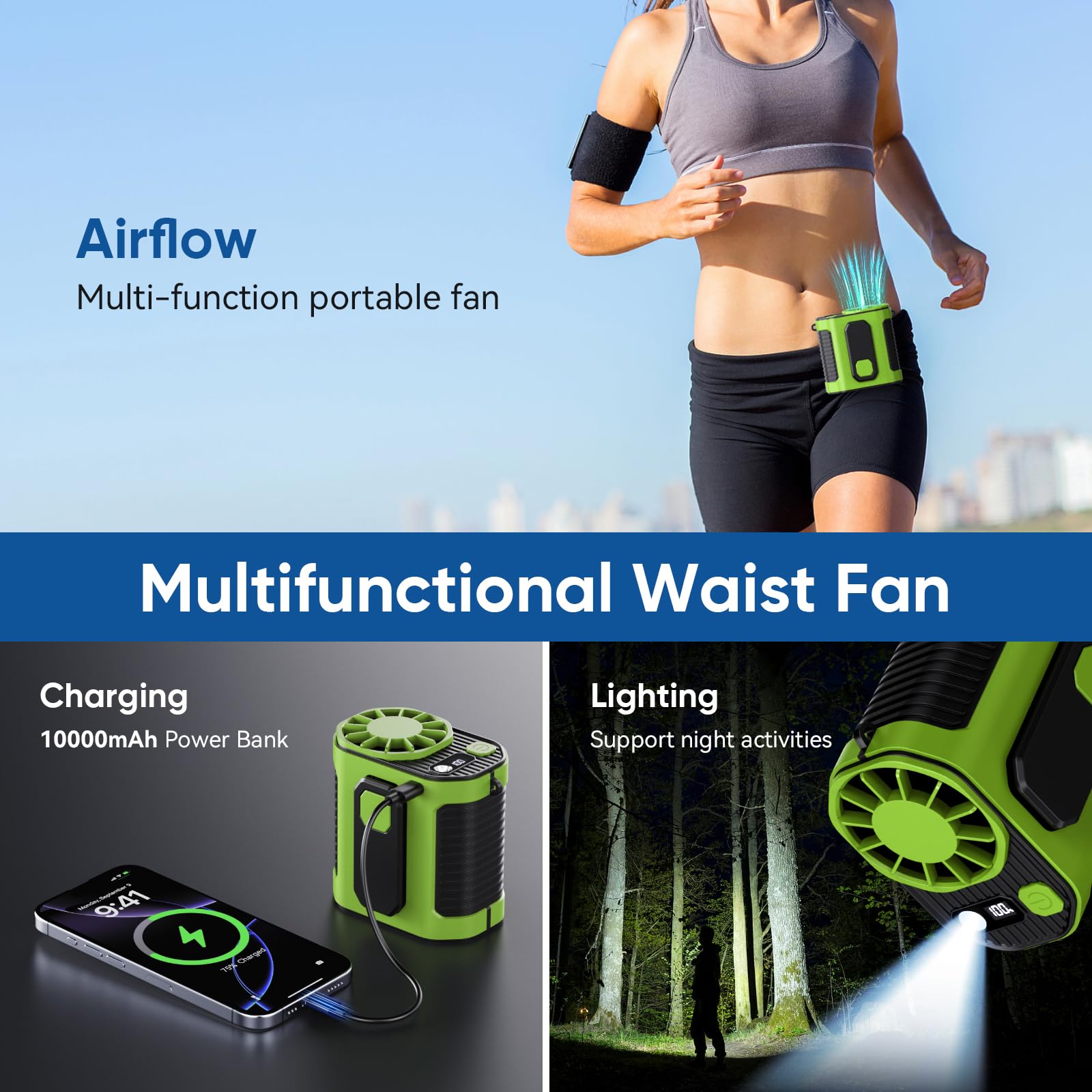 Portable Waist Fan, 10-Speed Rechargeable Body Fan With Led Light,Hands Free Wearable Belt Clip Waist Fans, 10000Mah Battery Coo