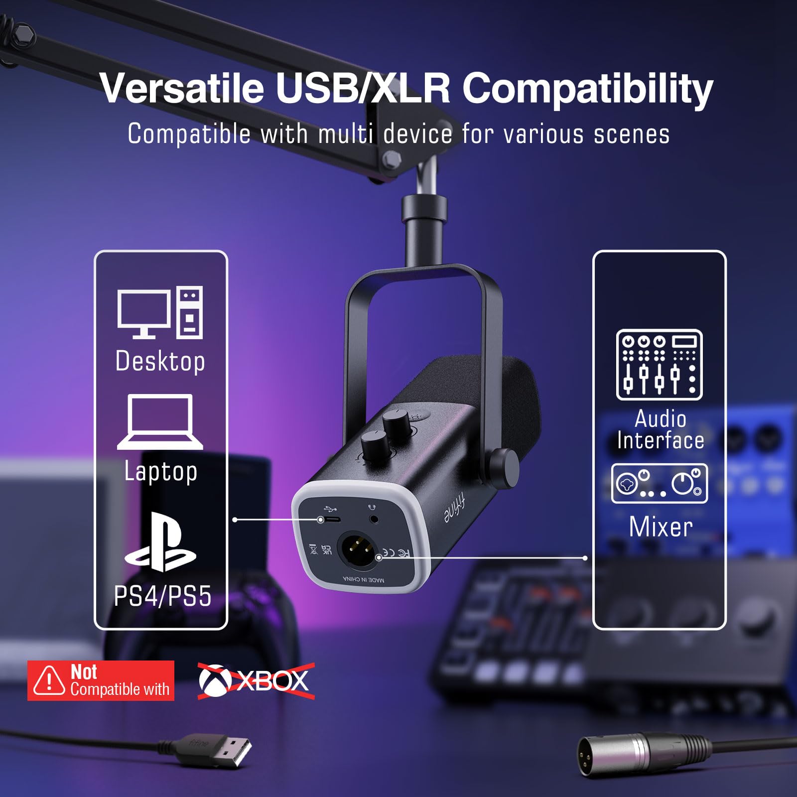 Fifine Xlr/Usb Gaming Microphone Set, Dynamic Pc Mic For Streaming Podcasting, Computer Rgb Mic Kit With Boom Arm Stand, Mute Bu