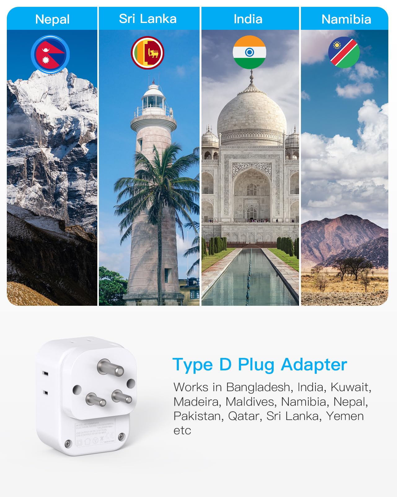 2 Pack Us To India Plug Adapter, Type D Travel Plug Adapter With 4 Outlets & 4 Usb Charger (2 Usb C Ports), Power Adapter Conver