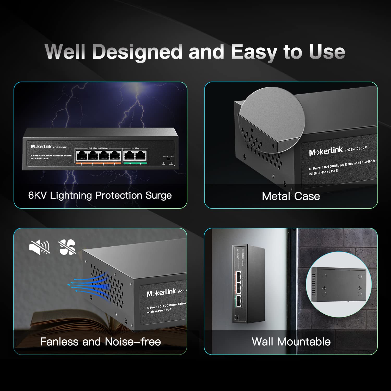 Mokerlink 6 Port Poe Switch With 4 Ports Poe+, 2 Fast Ethernet Uplink, 10/100Mbps, 78W High Power, Support Ieee802.3Af/At, Fanle