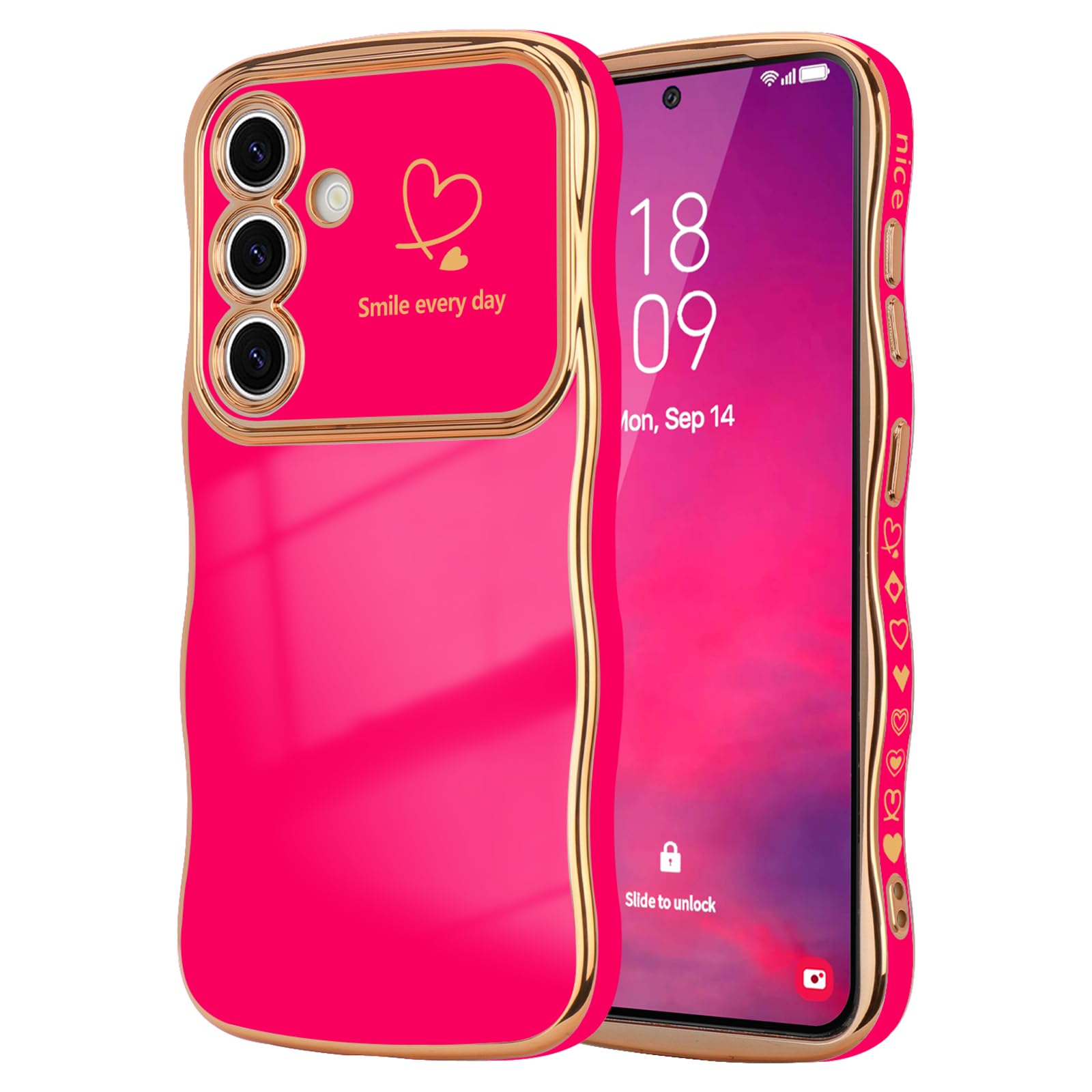 Lchulle For Samsung Galaxy S24 Case For Women Girls, Cute Wave Frame Curly Shape With Love Heart Raised Camera Protection Cover