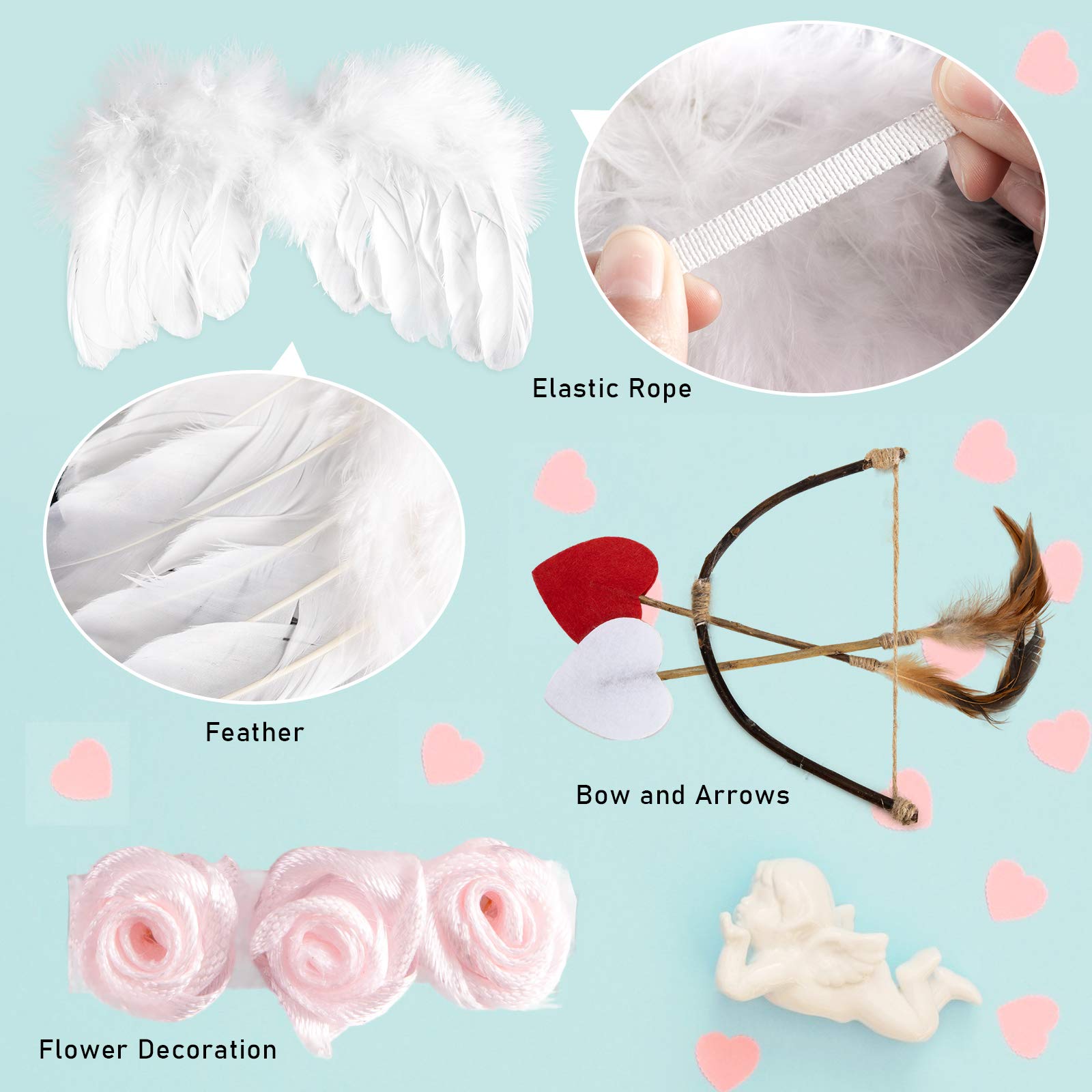 Amor Present Baby Angel Wings, 5Pcs Newborn Photoshoot Clothes White Angel Feather Wing Baby Cupid Costume Set With Headband Bow