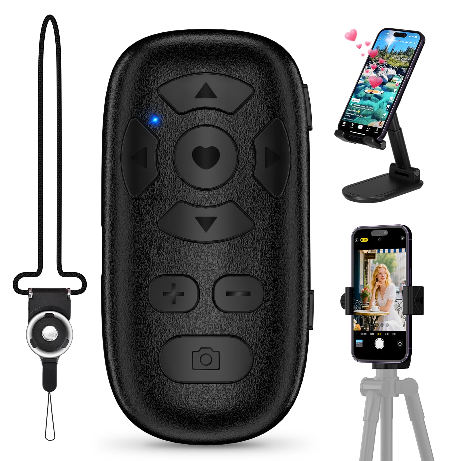 Wireless Camera Remote Control for iPhone & Android, TikTok Scrolling Remote with Phone Holder and Tripod Mount Adapter, Bluetoo