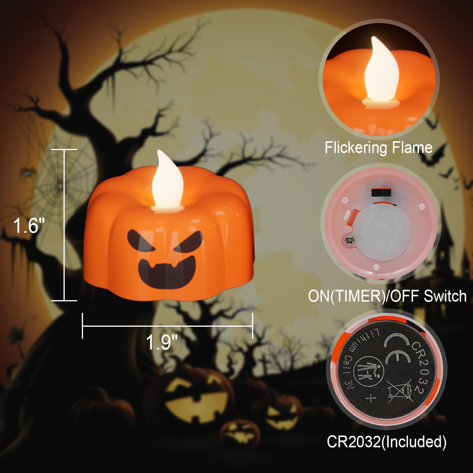 Wondise Halloween Flameless Candles, Pumpkin Battery Operated Candles With Timer, Led Flickering Votive Tealight Spooky Candles