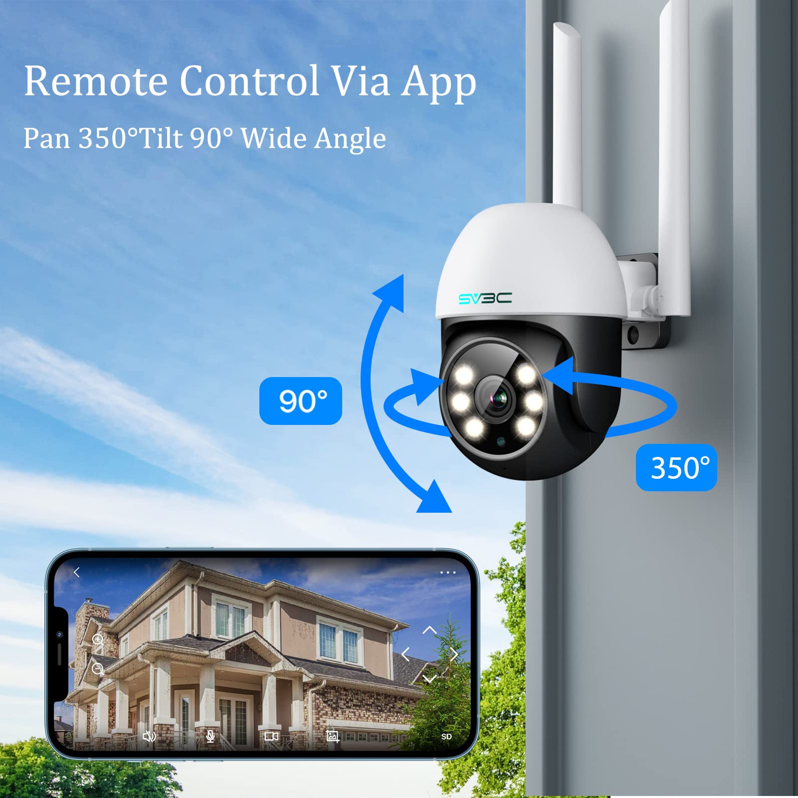 Sv3C 2 Pack Ptz Security Camera Outdoor, 1080P Pan Tilt Wifi Ip Camera, Auto Tracking 360 Camera, Onvif, Color Night Vision, 2 W