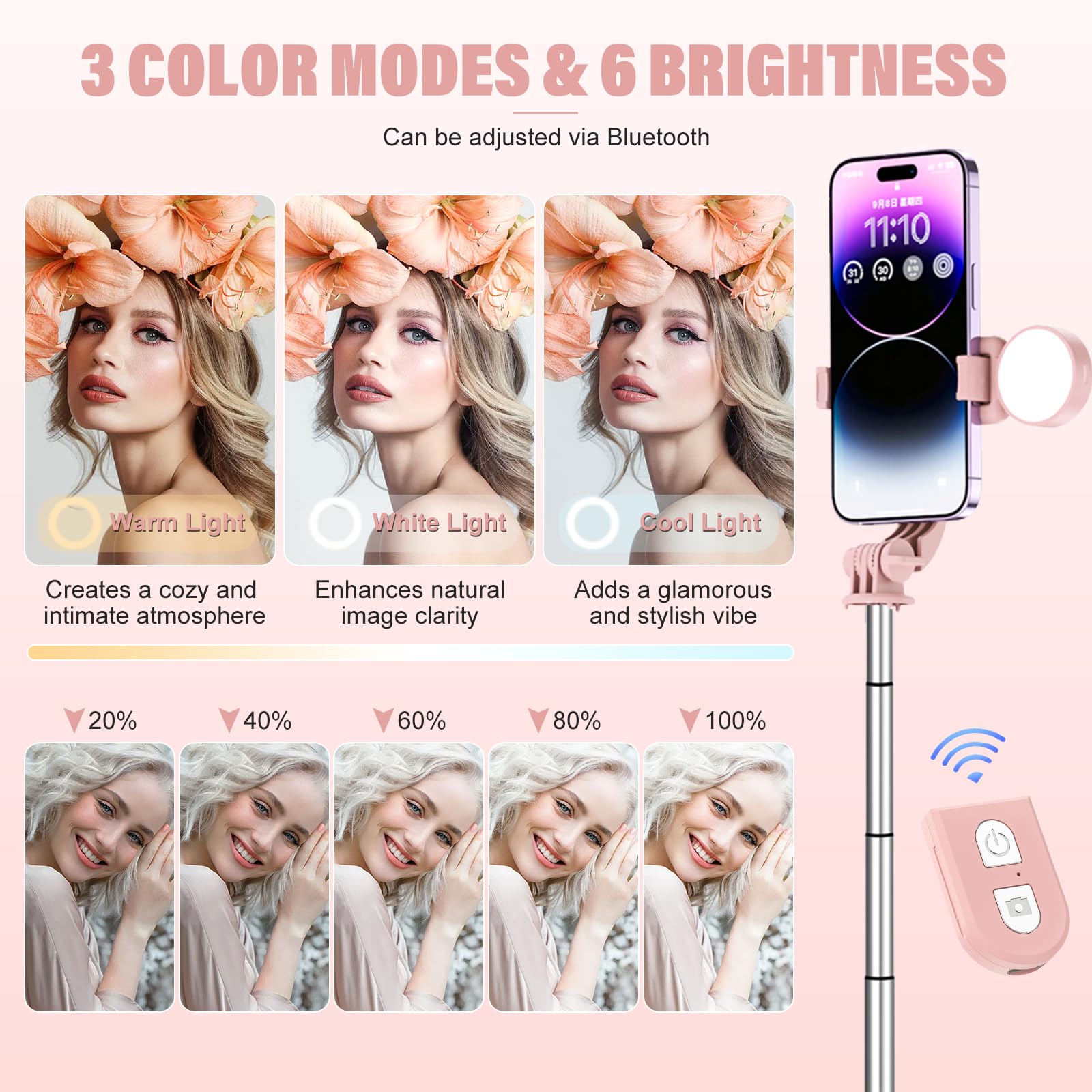 Selfie Stick With Rechargable Remote & Light (1Pc), Tripod For Iphone, Cell Phone Stand For Video Recording, Portable Travel Ess