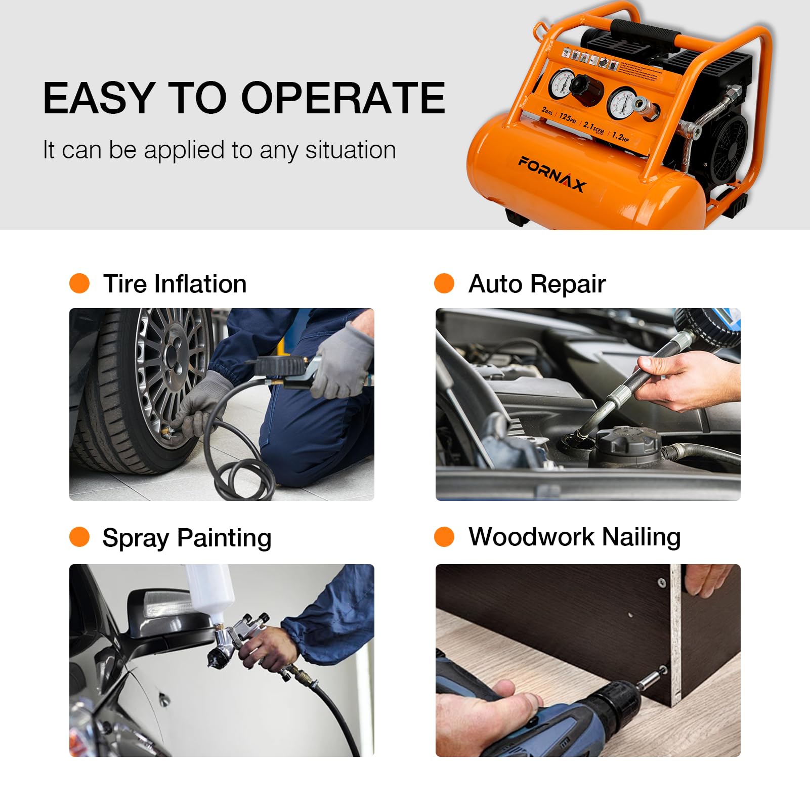 Fornax Air Compressor Portable 2 Gallon, 1.2 Hp 2.1 Scfm@ 90 Psi Oil Free, Max Pressure 135 Psi, 65 Db Silent Air Compressor For