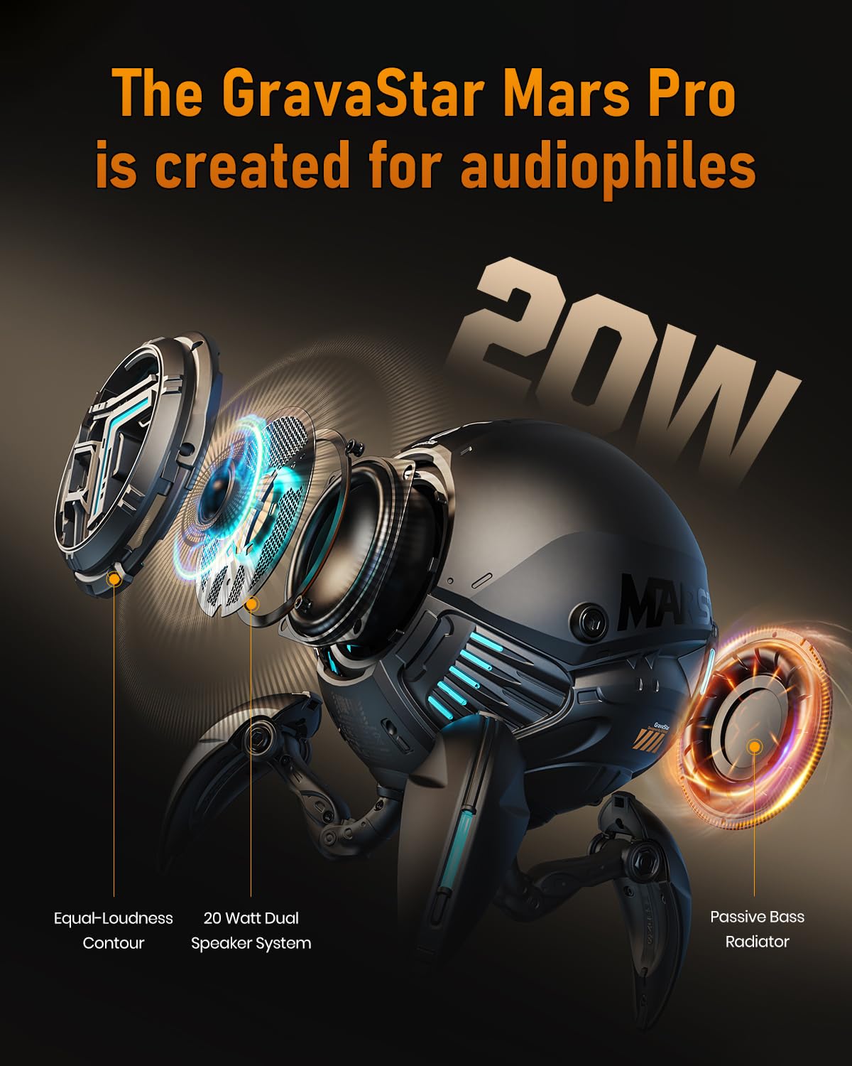 Gravastar Mars Pro Portable Bluetooth Speaker New Version, Deep Bass Loud Stereo Sound, 15H Playtime, 6 Rgb Lights, Dual Pairing