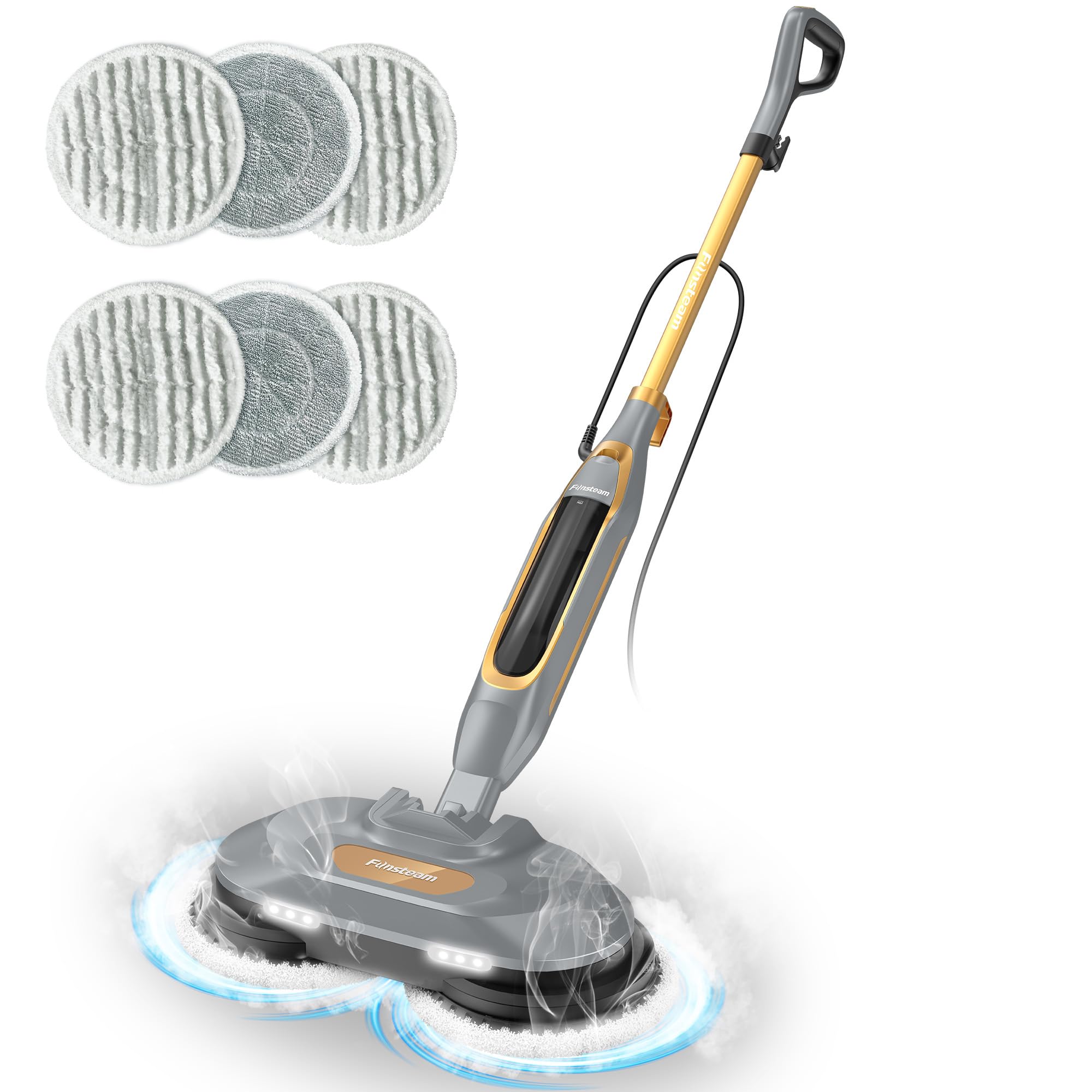 Funsteam Steam and Scrub Mop, Steam Mop with Dual Rotating Pads, Swivel Steering, 2 LED Headlight, 4 Cleaning Modes, 15.2 fl oz 