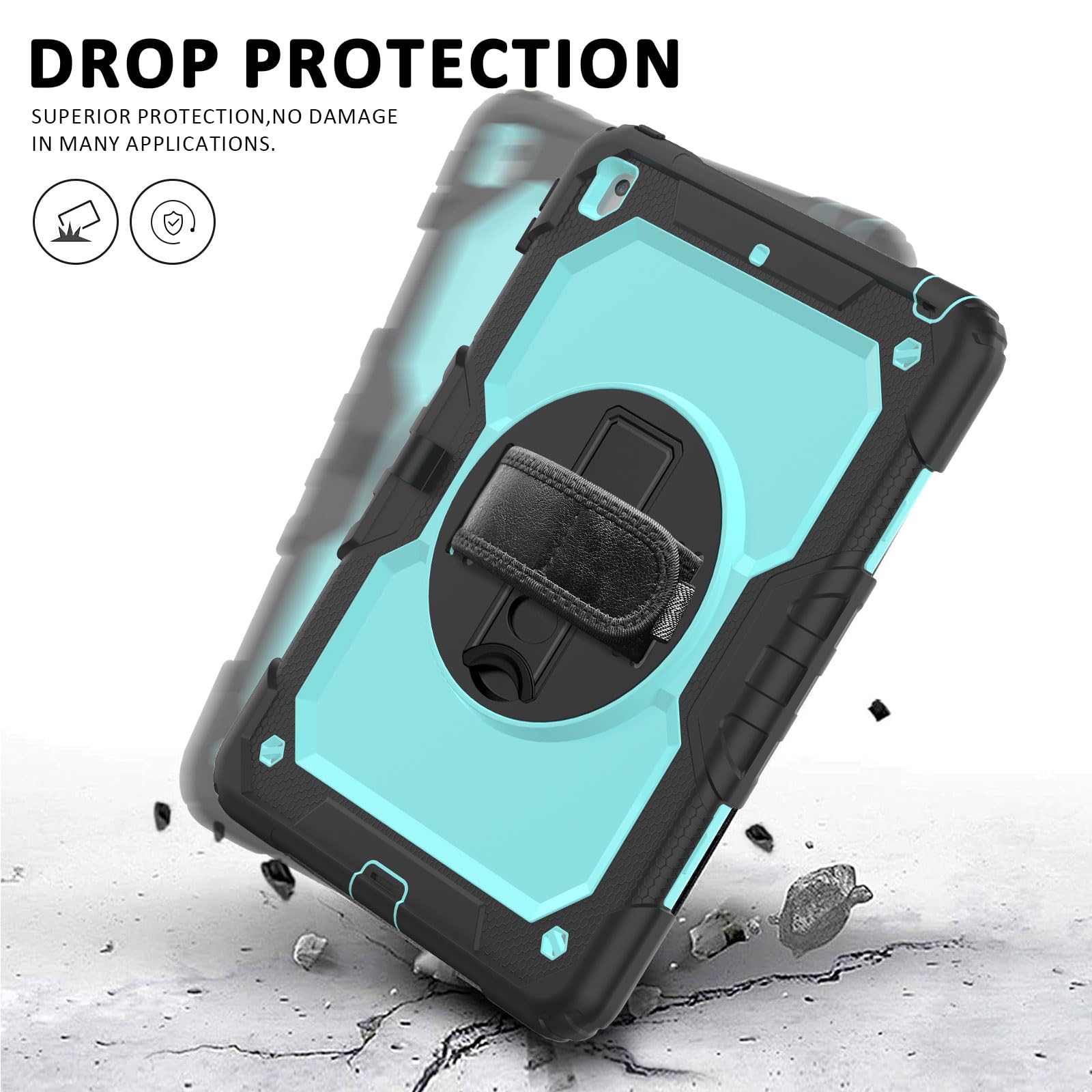 Ipad 9Th/8Th/7Th Generation Case, Ipad 10.2 Case 2021/2020/2019, [Kid Proof] Ambison Drop Proof Case With 9H Screen Protector, Rotatable Kickstand & Hand Strap, Shoulder Strap (Sky Blue & Black)