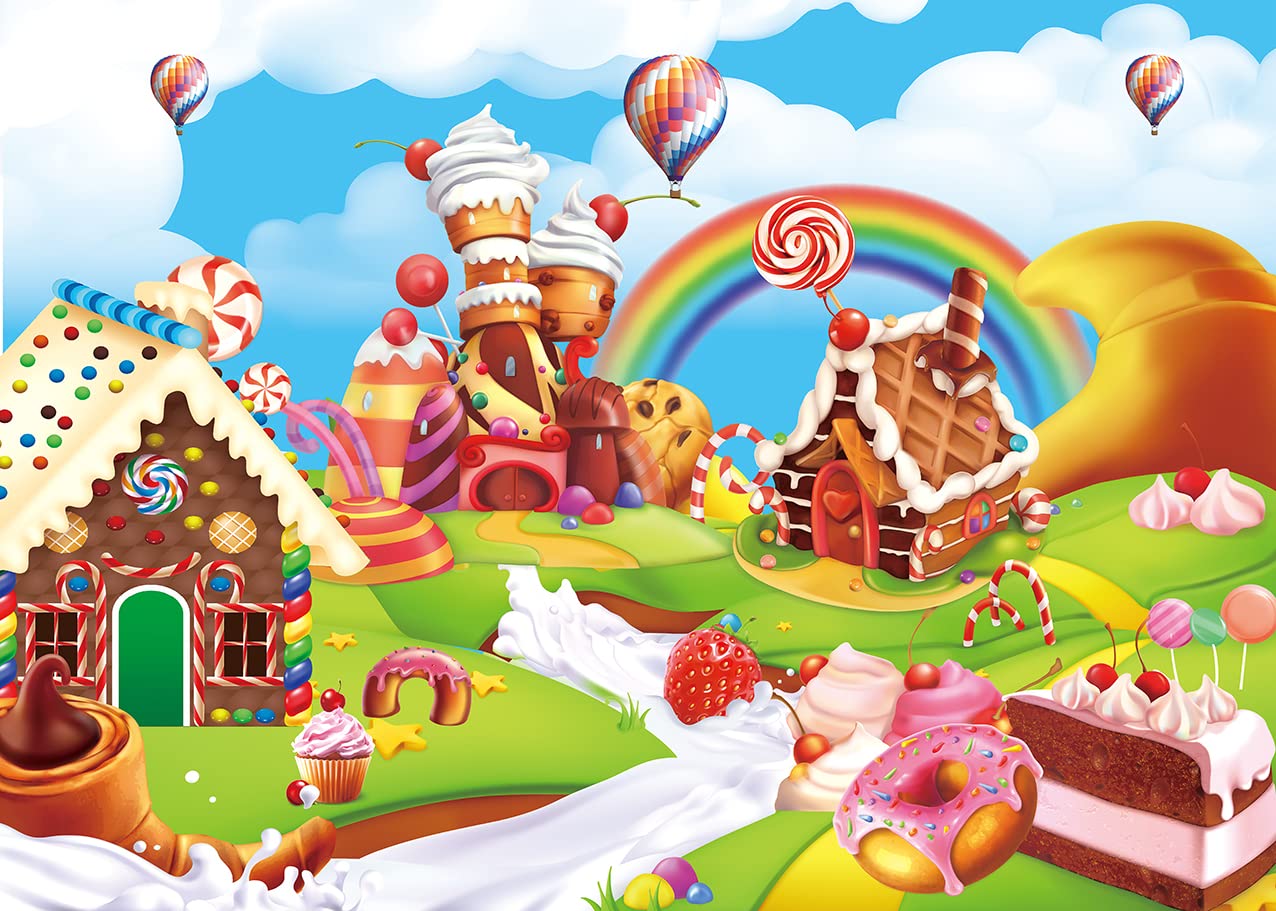 Candyland Backdrop 8X6Ft Cartoon Rainbow Lollipop Icecream Sweet Donut Candy Photography Background For 1St First Birthday Party