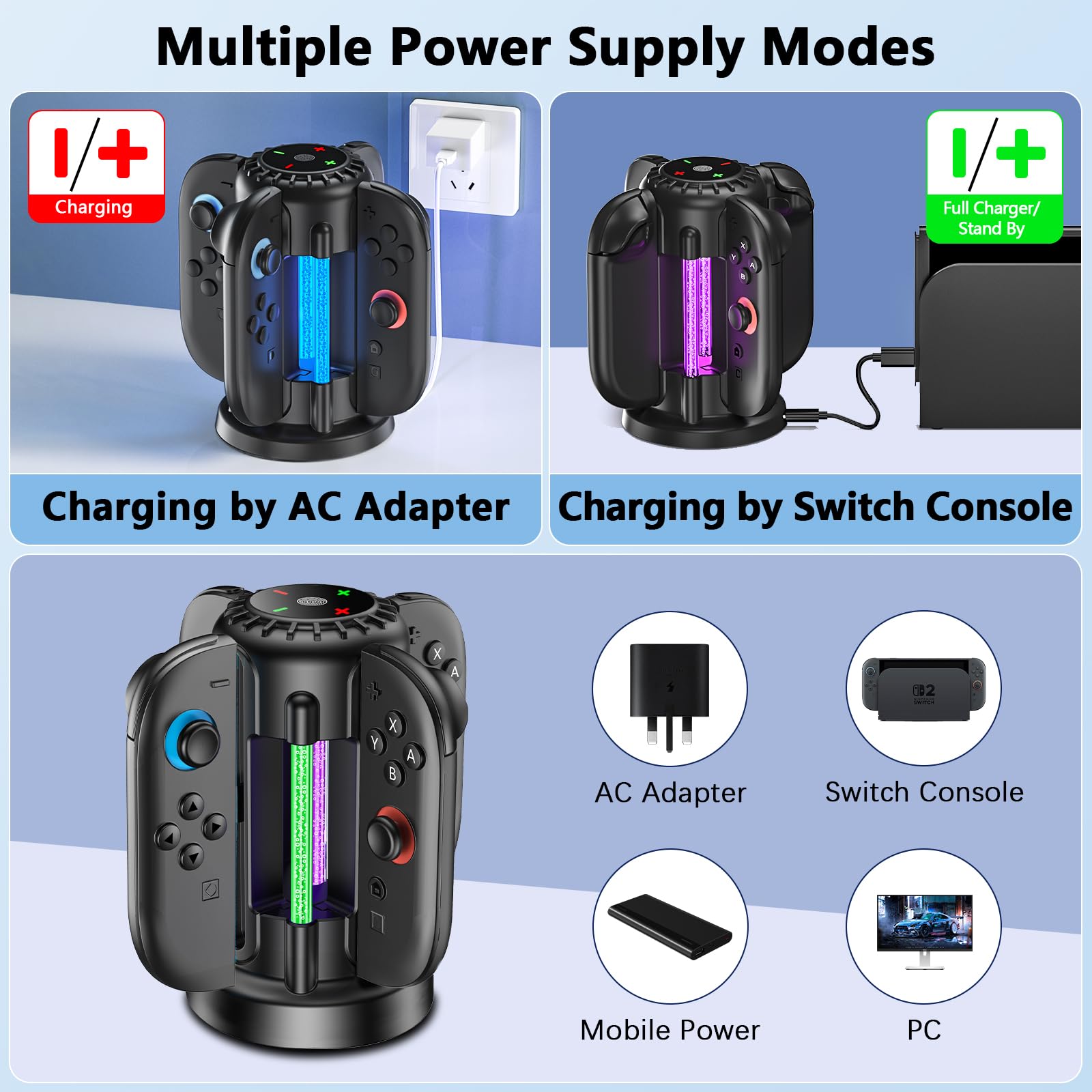 Charging-Dock-For-Nintendo-Switch-2-Joycon(2025), Switch 2 Charger Station With 10 Led Light, Joycon Charger With Magnetic, Fast