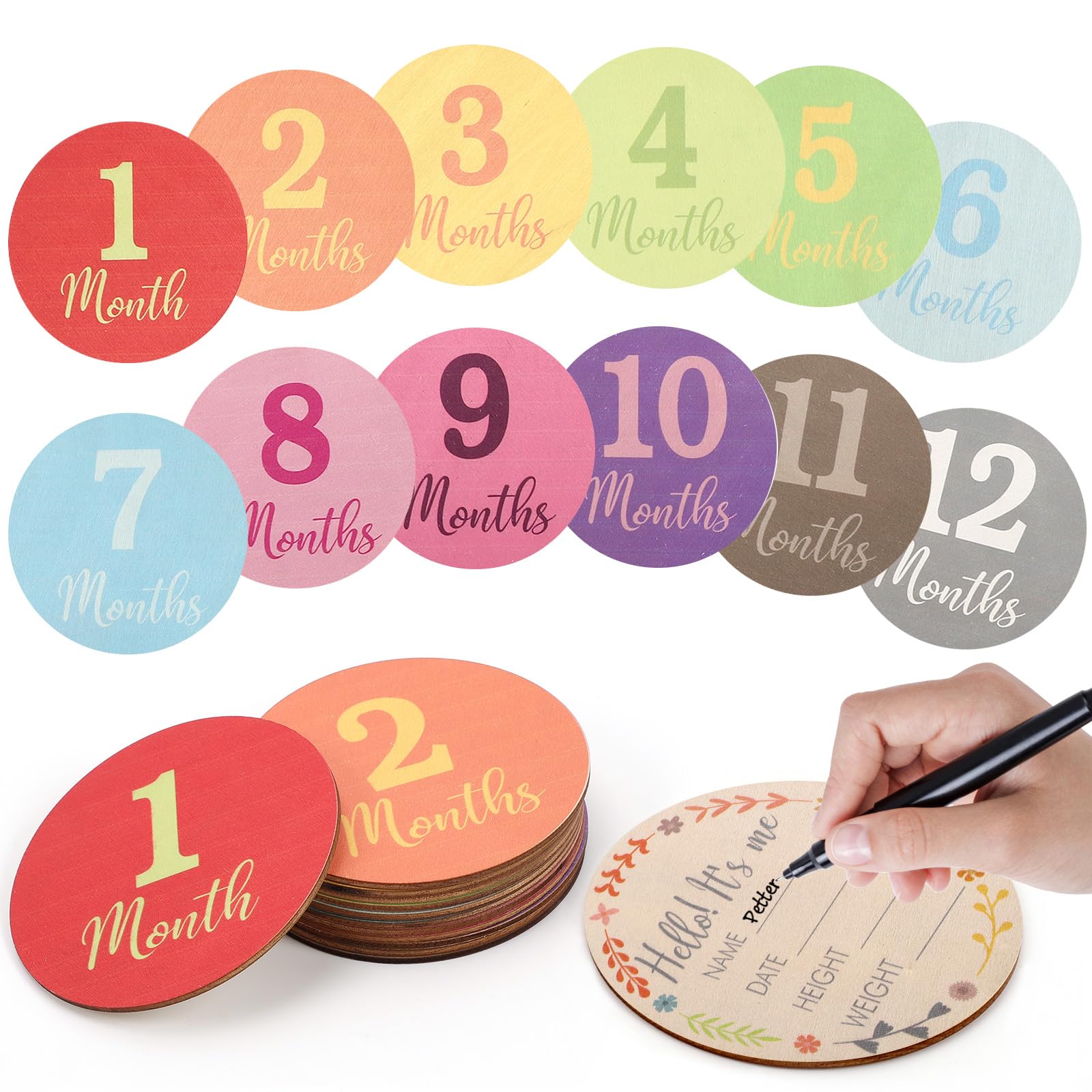 Wooden Monthly Baby Milestone Cards,Monthly Milestone Wood Discs,13 Pack Digits Printed Baby Months Signs Wood Gift Baby Announc