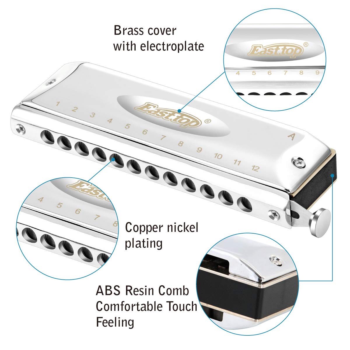 East Top Chromatic Harmonica A, Chromatic Harmonica For Adults,12 Holes 48 Tones A Key Mouth Organ Harmonica For Professionals A