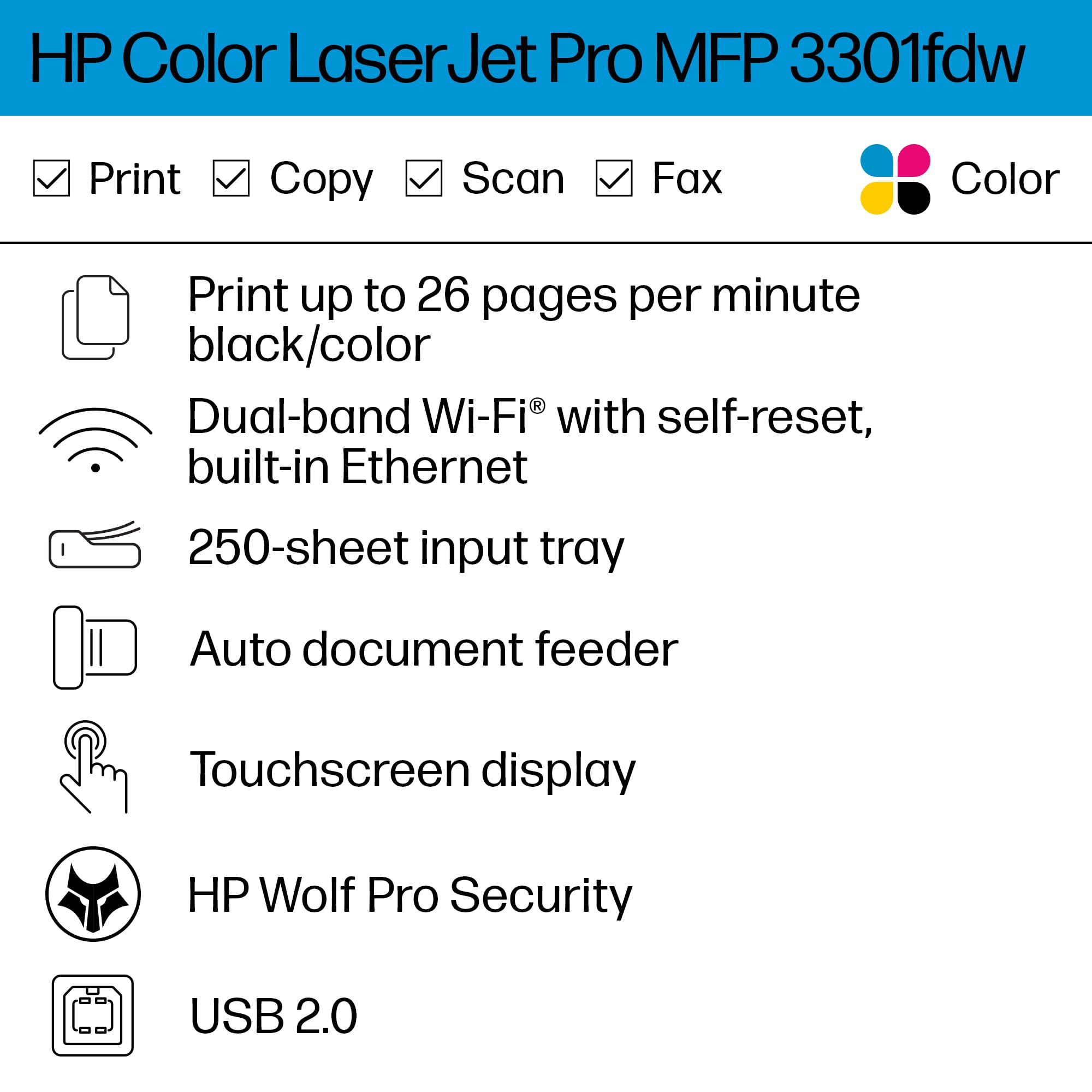 Hp Color Laserjet Pro Mfp 3301Fdw Wireless All In One Color Laser Printer, Office Printer, Scanner, Copier, Fax, Adf, Duplex, Be