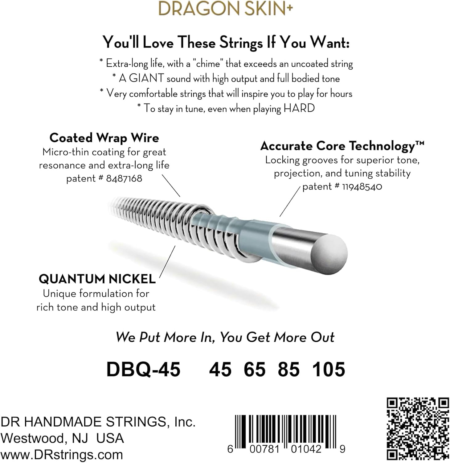 Dr Strings Dragon Skin+ - Coated Quantum Nickel Bass Strings - Dbq-45 - Superior Sound With Comfortable Feel & Long Life: Medium
