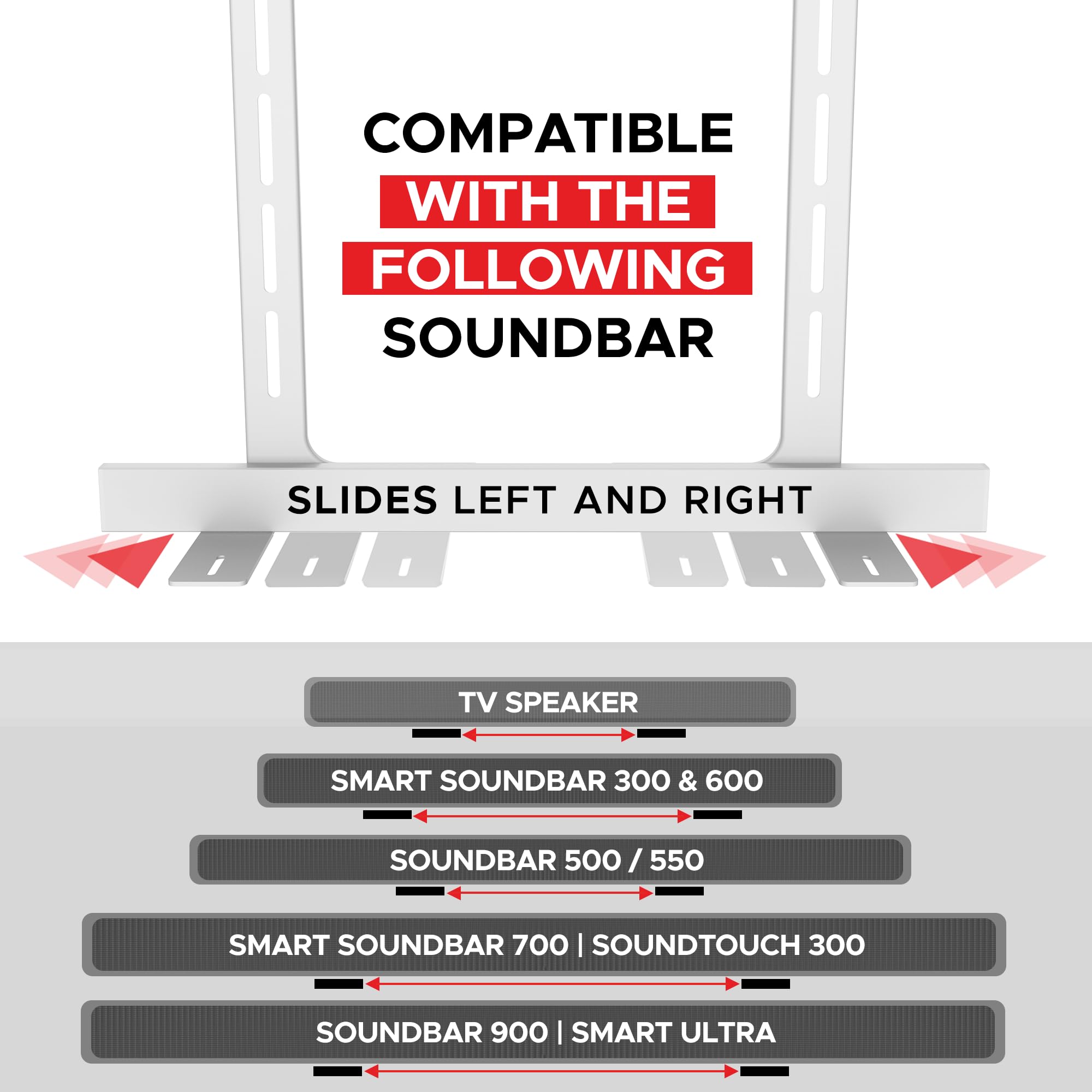 Sound Bass Universal TV Mount for Bose Soundbar - White, Aluminum, Model TV-BS-UNVL-WHT, Easy & Fast Installation