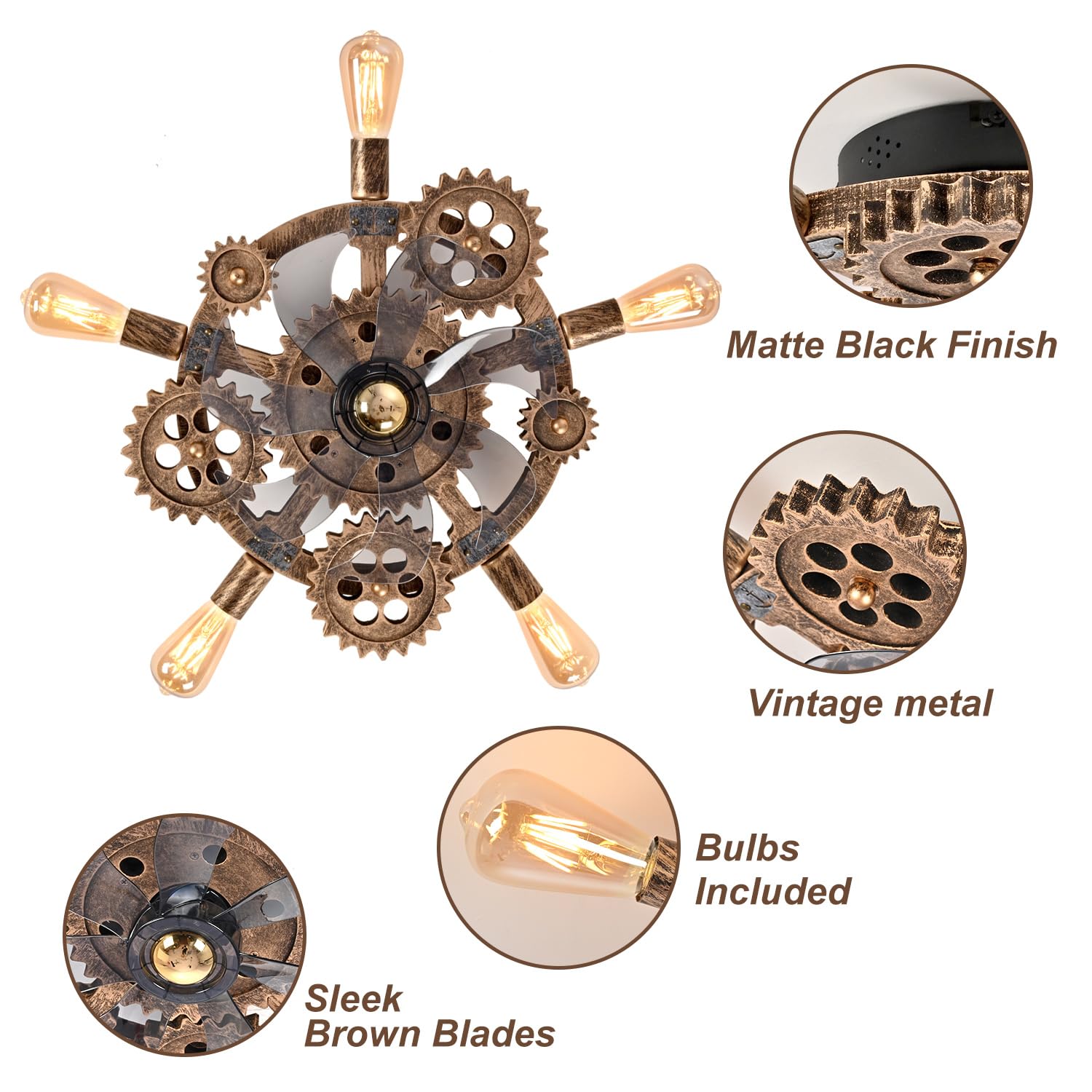 Hueoczw 20'' Retro Industrial Steampunk Ceiling Fans With Lights And Remote,Low Profile Flush Mount Bladeless Ceiling Fan With L