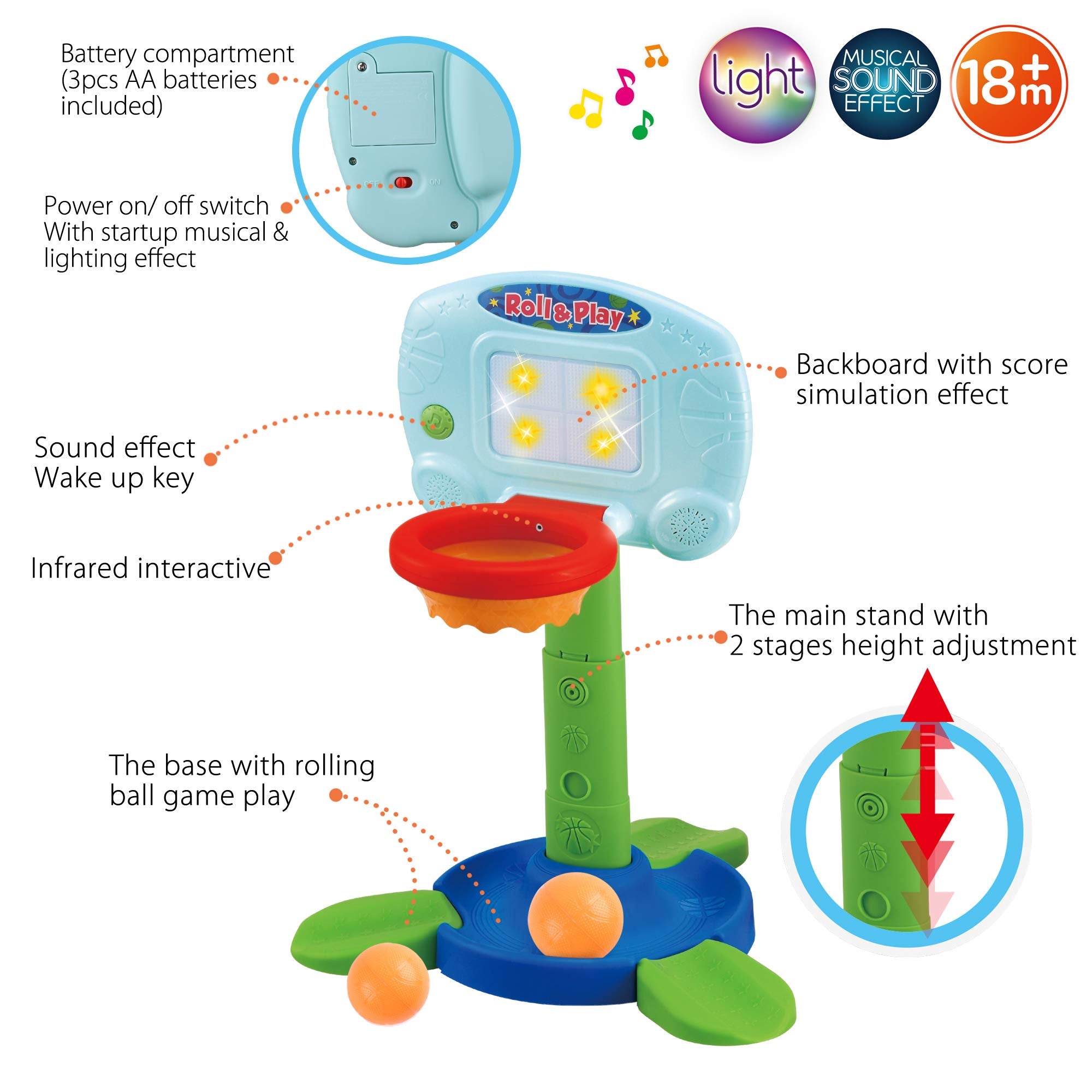 Lotfancy Basketball Hoop For Kids Toddlers 9M 3Y, Infant 2 In 1 Adjustable Sports Toy Set, Baby Interactive Learning Toy, With L