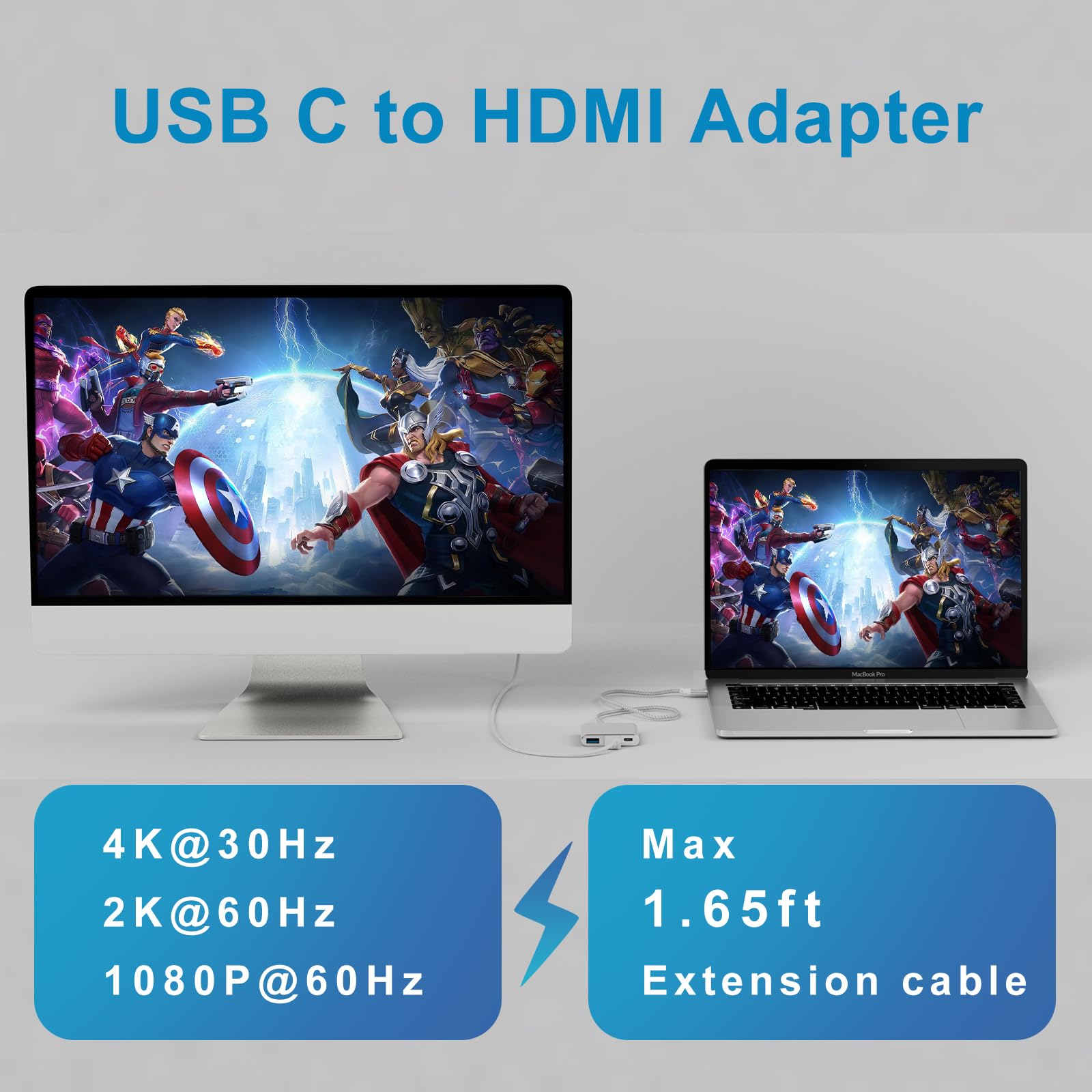 Battony Usb C To 4K Hdmi Digital Av Adapter For Macbook Pro/Air, Usb 3.0 5Gbps Date Transfer &100W Pd & 50Cm Braided Cable, Comp