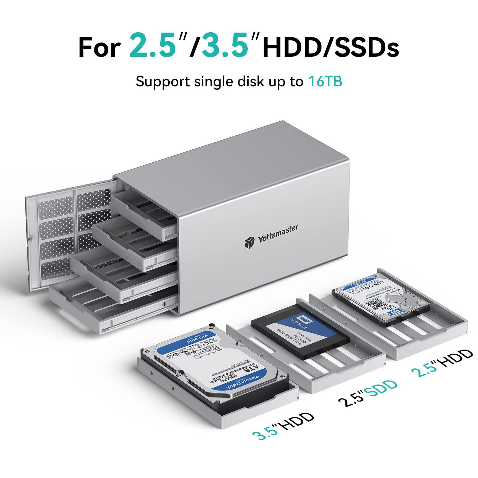 Yottamaster 4 Bay External Hard Drive Enclosure, Aluminum Usb C 3.5' Hdd Enclosure For 3.5 & 2.5 Inch Sata Hdd/Ssd, Support 72Tb(4X18Tb) Direct Attached Storage Das, Non Raid [Ps400C3]