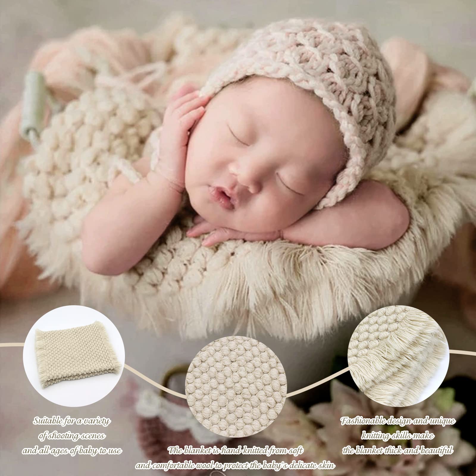 Spokki 3 Pcs Newborn Photography Props Outfits Set, Knitted Blanket For Baby Photo Props, Beige Elastic Wrap For Photoshoot, Flo