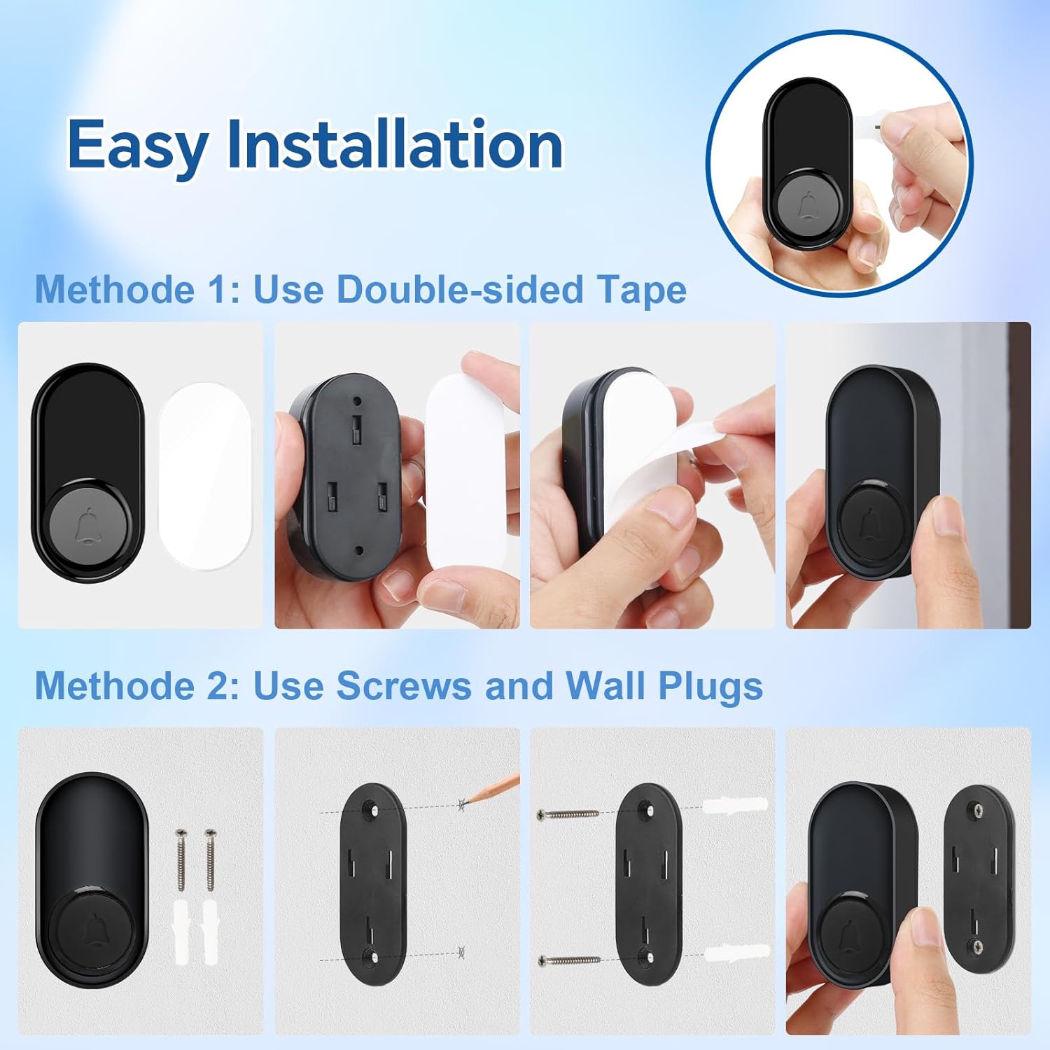 Wireless Bell 1 Transmitters 1 Receivers, Bell Front Door Radio Set, 400 m / 1300 ft Range, 58 Melodies, IP55 Outdoor Waterproof for Garden, Home, Office