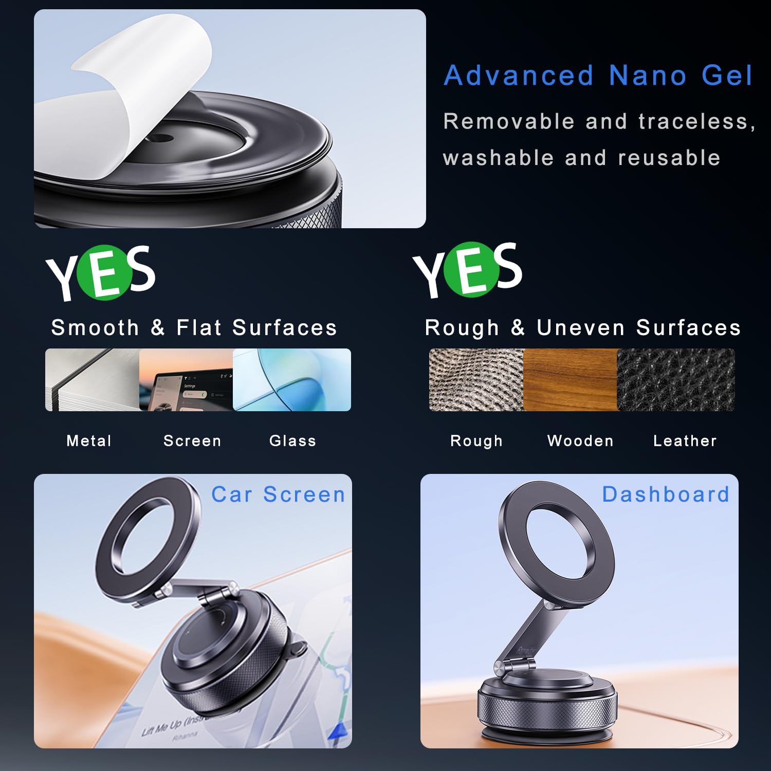 Repmidfer Upgraded 360 Adjustable Nano Gel Vacuum Magnetic Phone Holder For Smooth & Textured Surfaces, Car Phone Holder For Mag