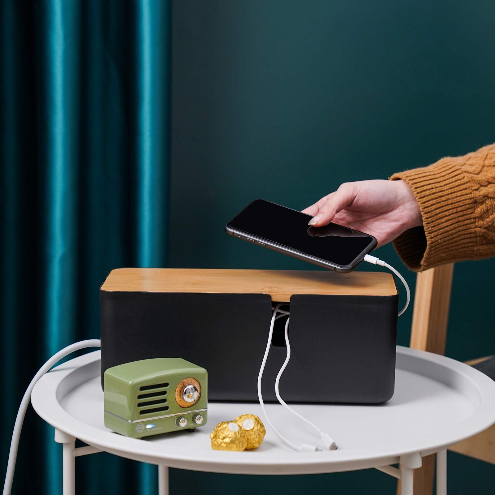 Changsuo Cable Management Box With Bamboo Lid Small Cable Organizer Box For Extension Cord Power Stripe Surge Protector Wire Man