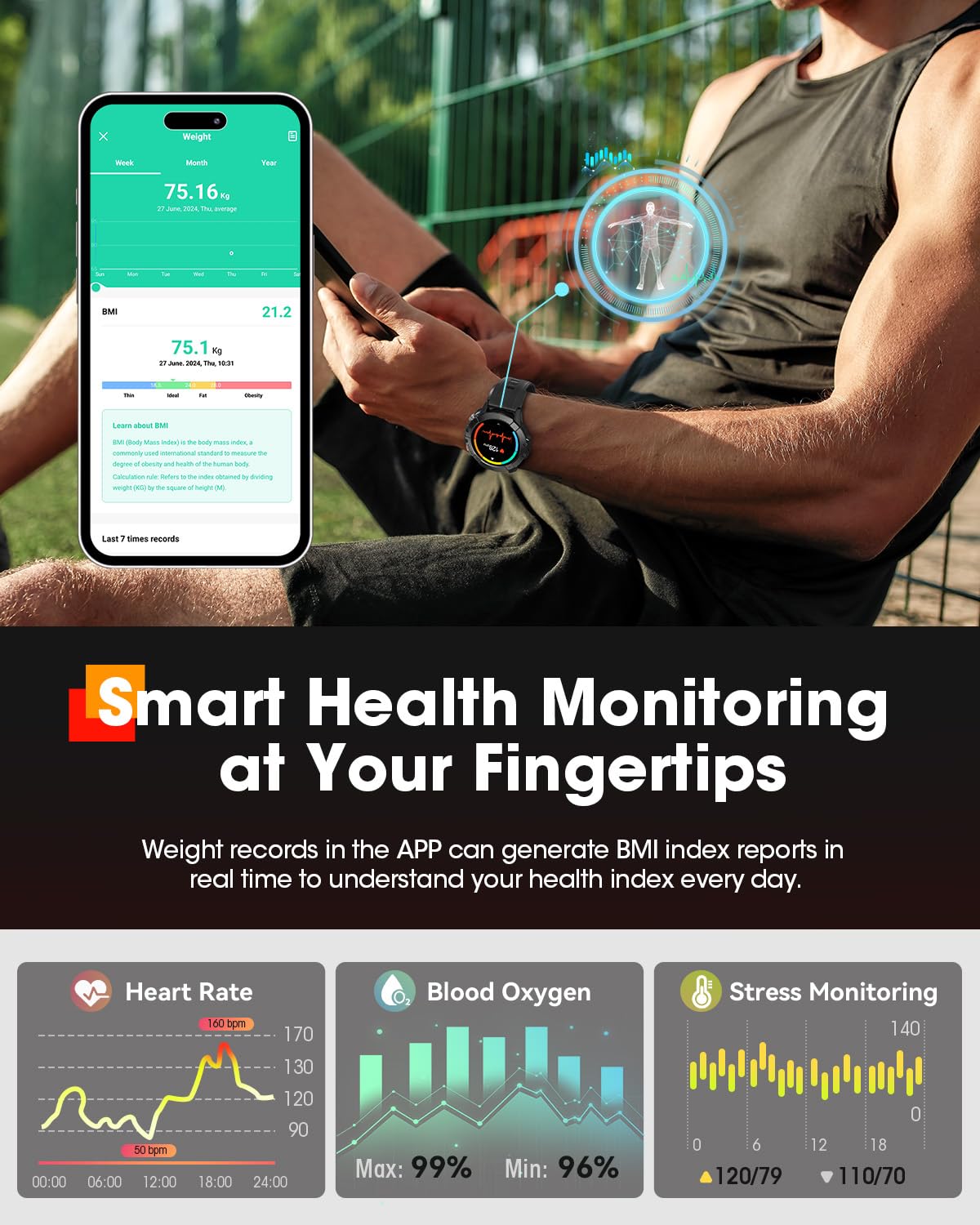 Smart Watches For Men, Bluetooth Call Military Smart Watch, Waterproof Fitness Tracker With Heart Rate/Blood Oxygen/Sleep Monito