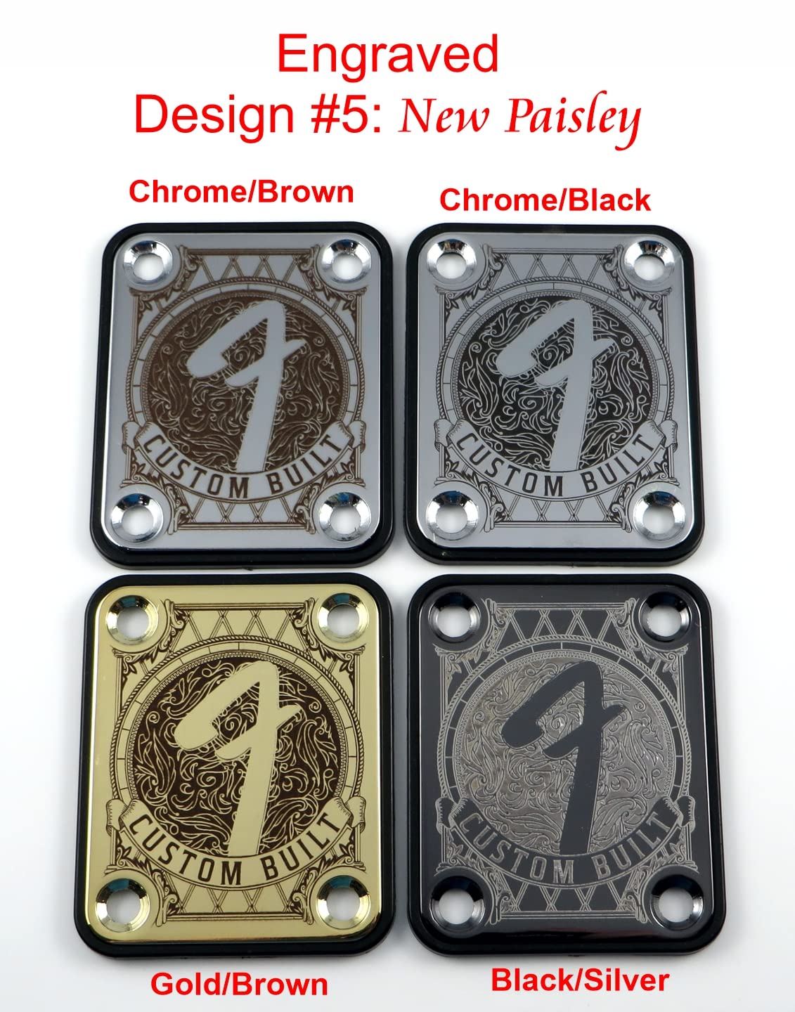 LazrArt Custom Engraved or Printed Guitar Neck Plate - 4 Bolt Design, Silver/Gold/Black - Model Laz-5579