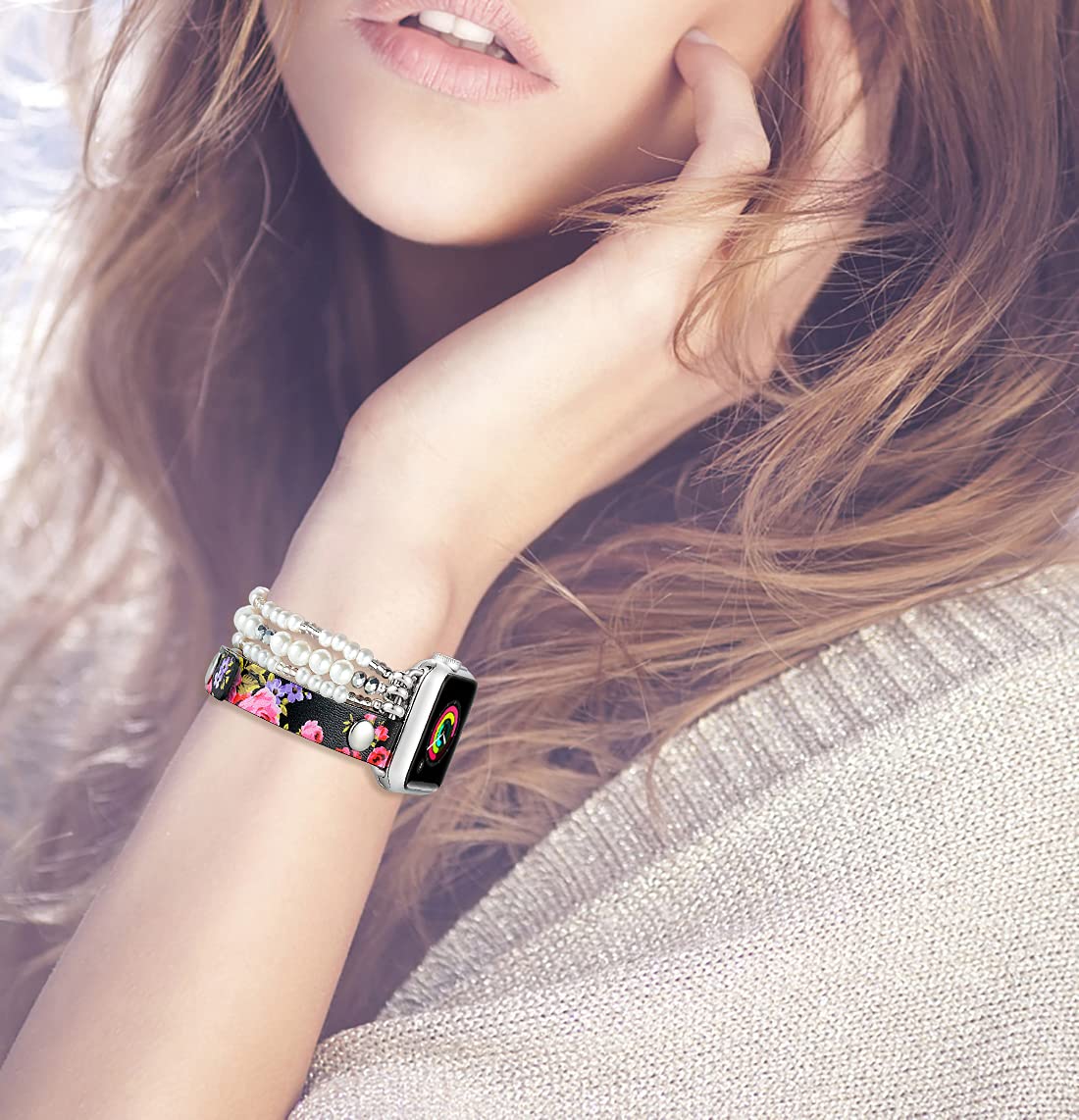 Fastgo Leather Wrap Bracelet Band Compatible With Apple Watch 40Mm 38Mm 41Mm Women Girls, Elastic Beaded Pearl Bracelet Strap Fo