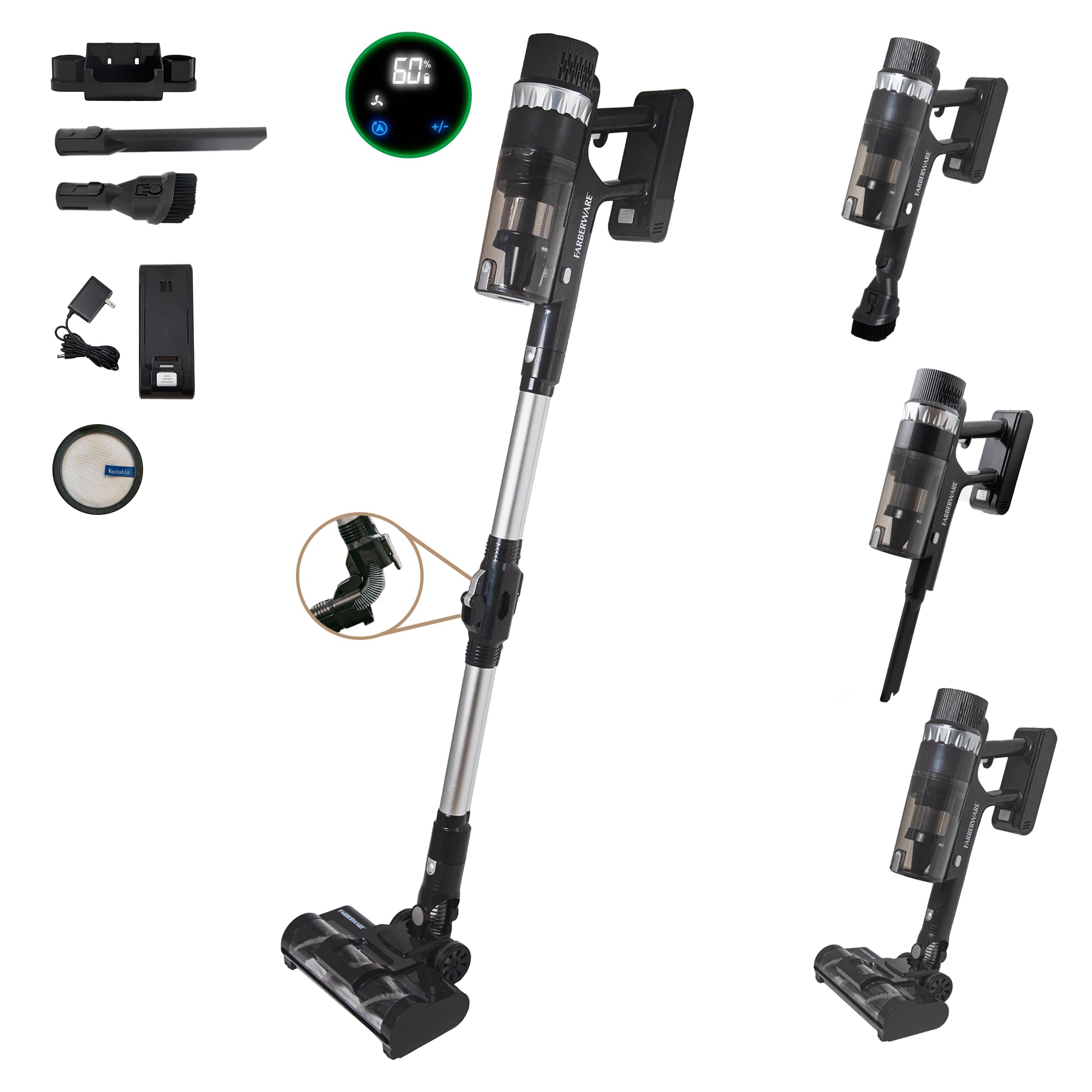 Farberware Cordless Platinum Stick Vacuum Cleaner, Smart Sensor Technology for Carpet and Hard Floors, Bendable and Handheld Vac