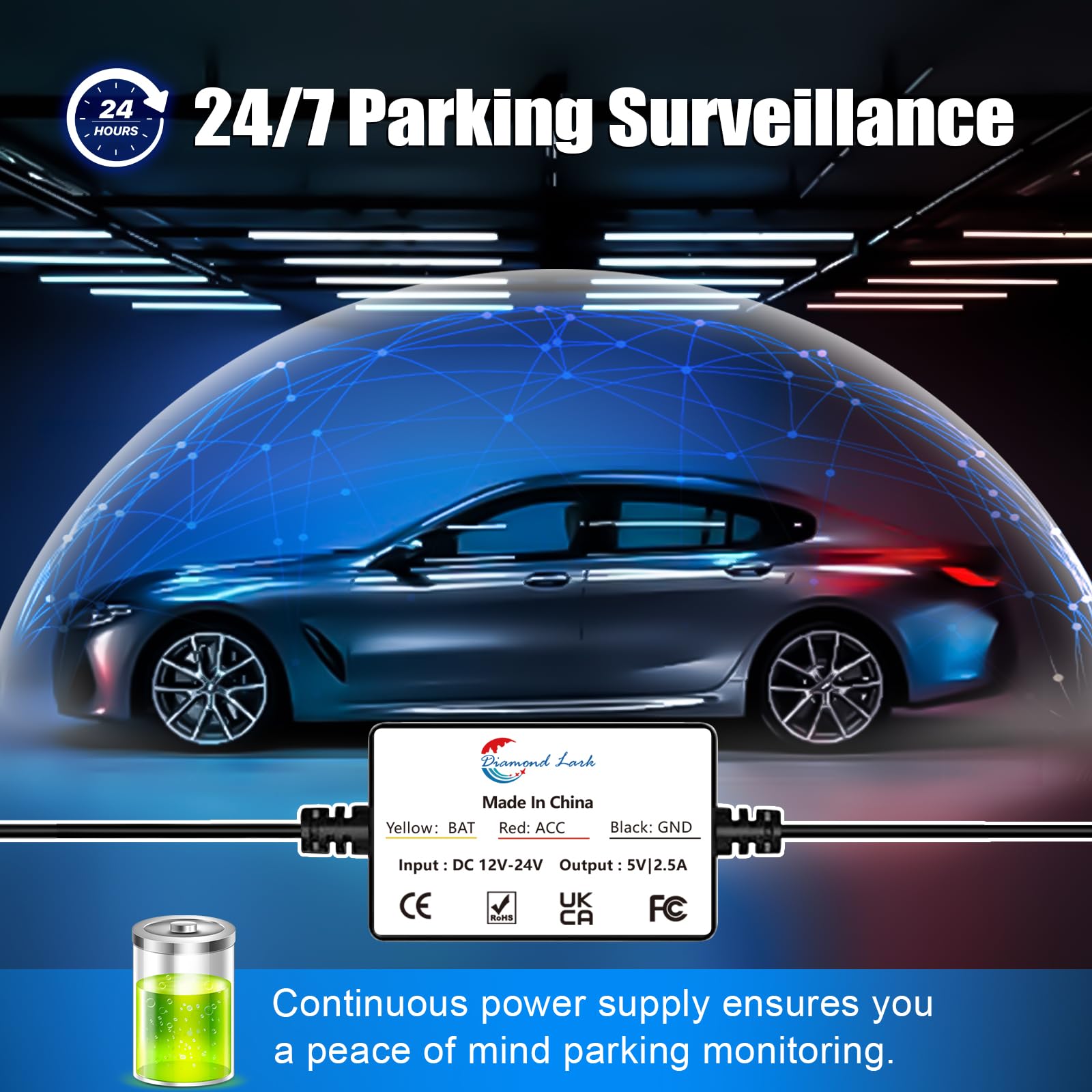 Diamond Lark Dash Cam Hardwire Kit, Converts 12V 24V To 5V Type C Usb Hardwire Kit For Dash Camera, Supports 24 Hour Parking Mon