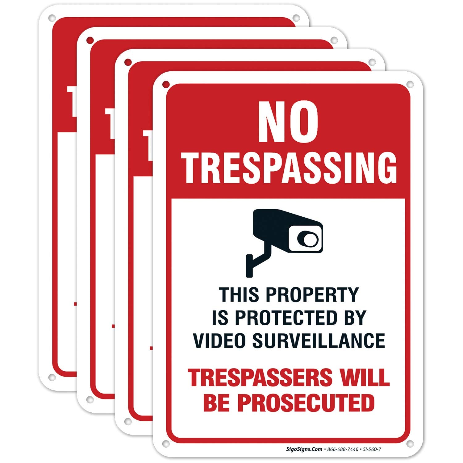 Sigo Signs, Video Surveillance Sign, No Trespassing Sign, Security Warning Sign, 10X7 Heavy 0.40 Aluminum, (4 Pack) Uv Protected