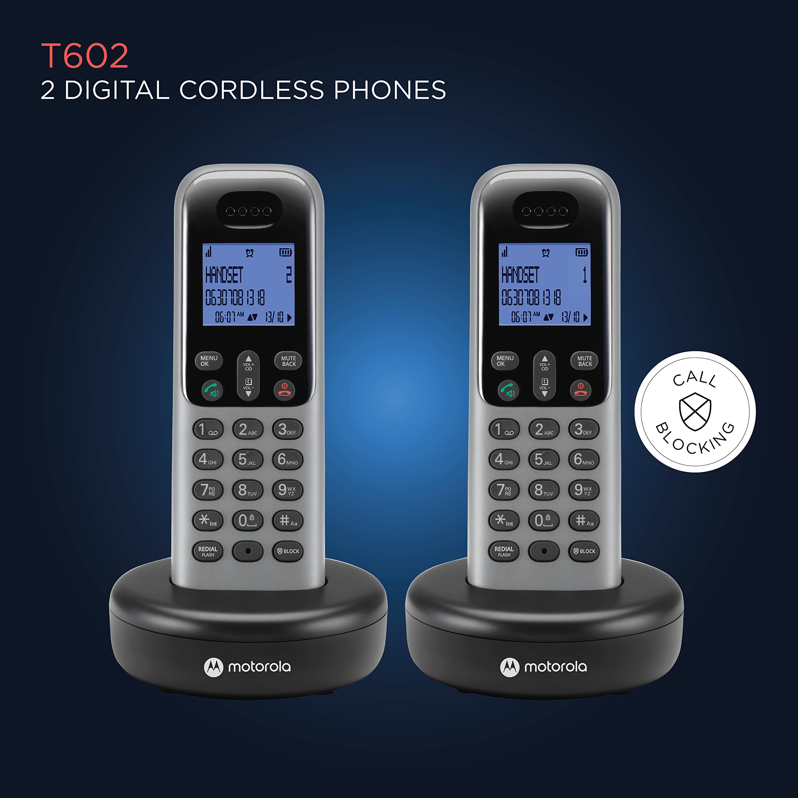 Motorola Voice T602 Cordless Phone System W/2 Digital Handsets, Speakerphone, And Call Block   Dark Grey