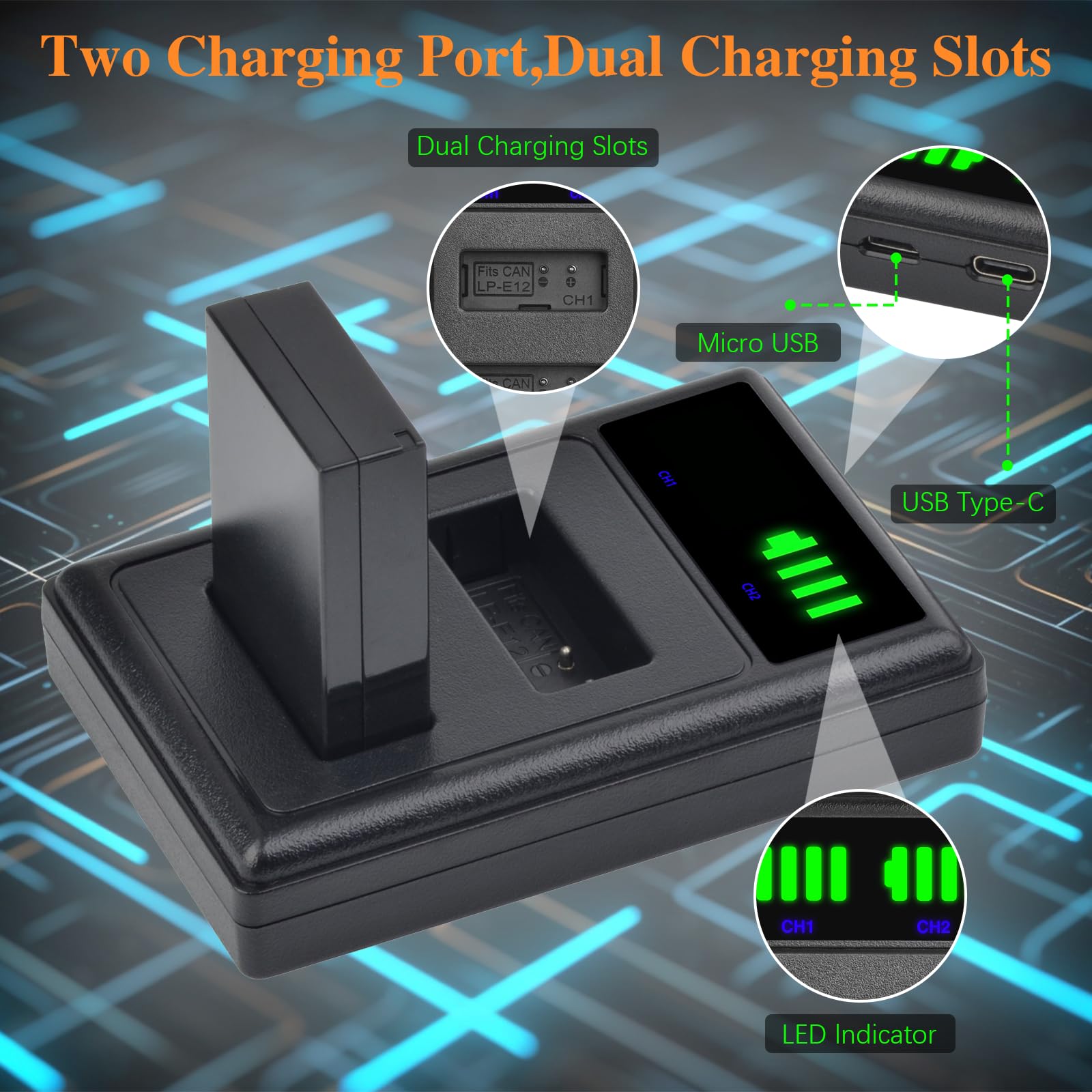 Pickle Power Lp E12 Battery And Led Dual Usb Charger For Canon Powershot Sx70 Hs, Eos M M2 M10 M50 M100 M200, M50 Mark Ii, Rebel