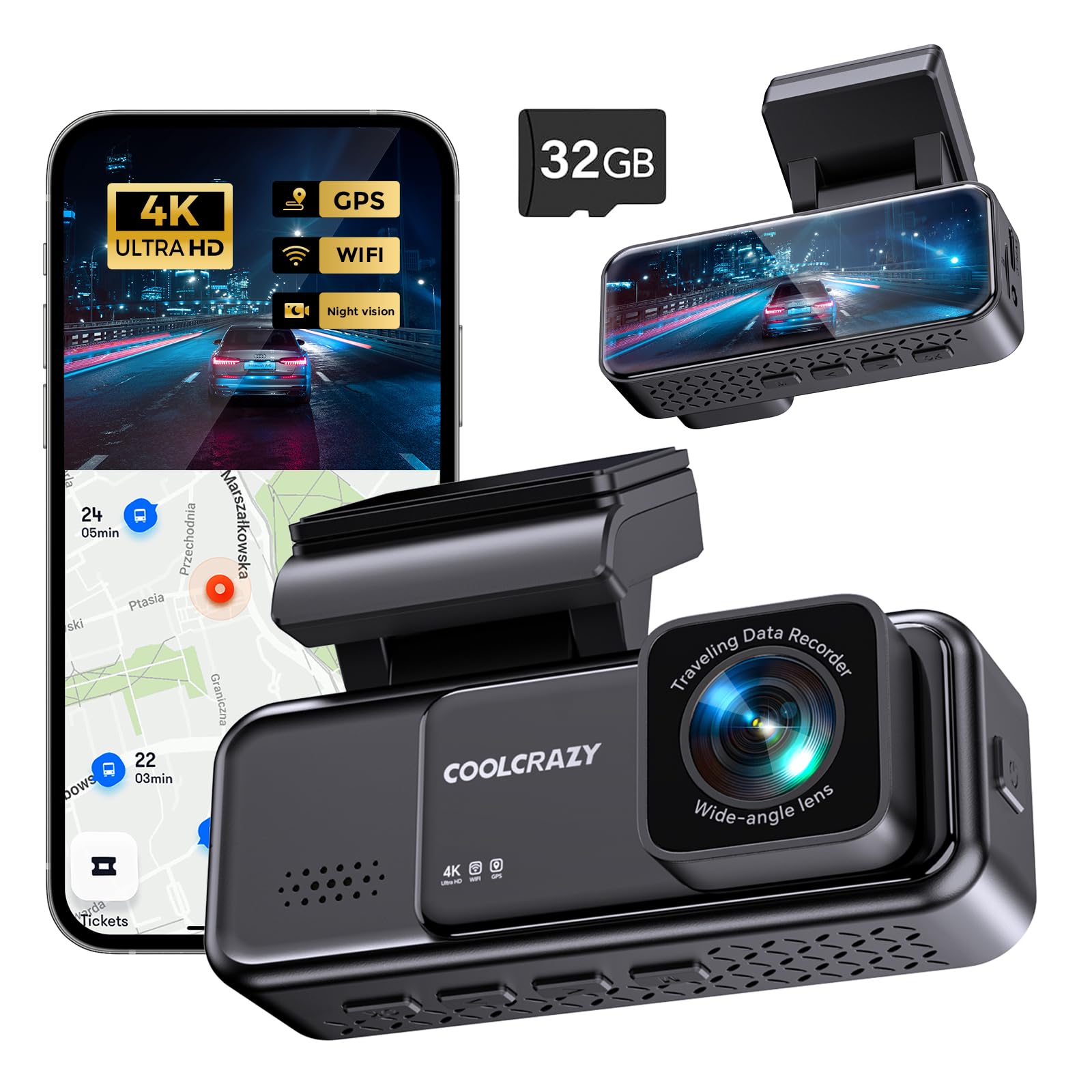 Coolcrazy Dash Cam 4K Front, Built In Wifi Gps Dash Camera For Cars, 3.2'' Ips Screen Dashcam With App Control, Free 32G Card, 1