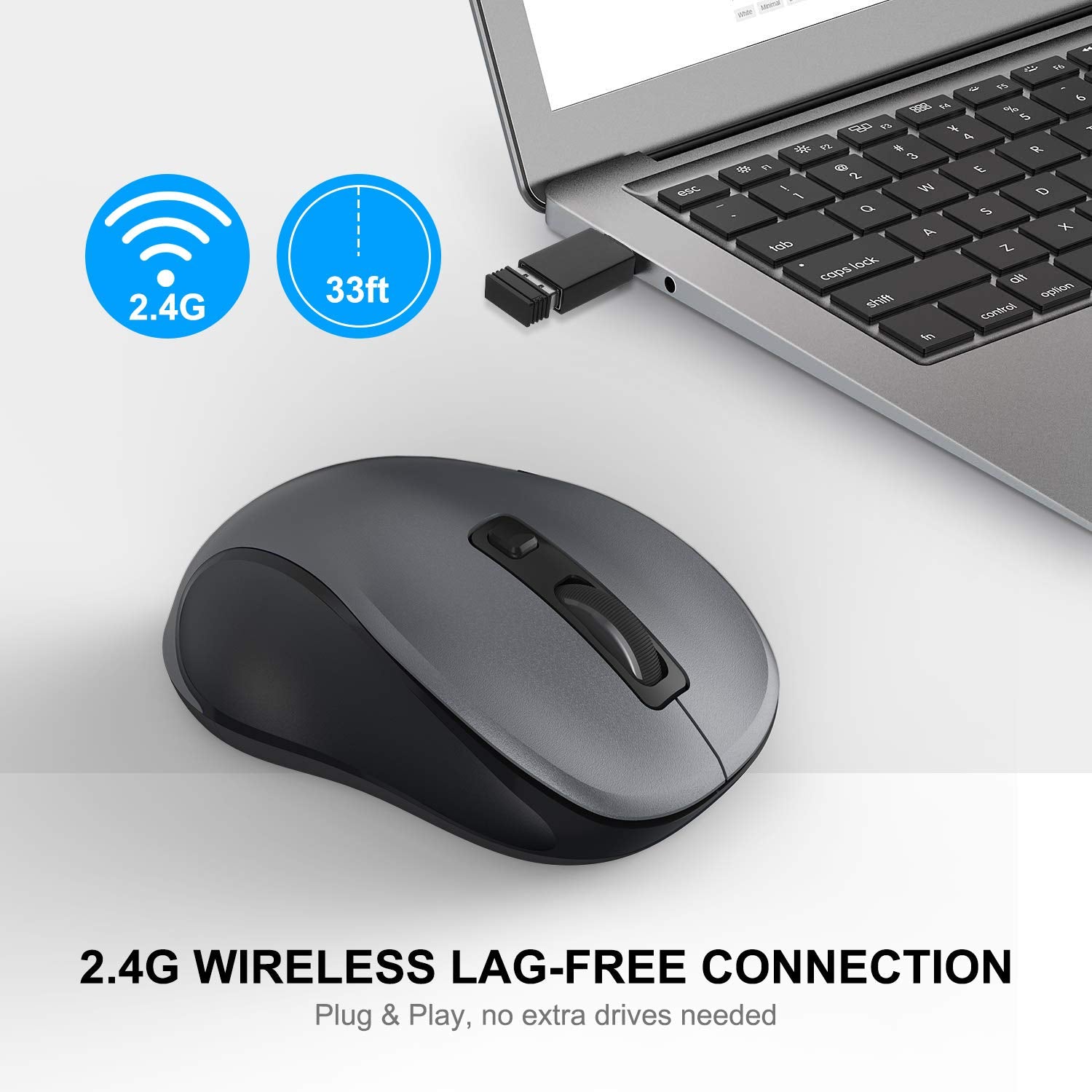Wisfox 2.4G Wireless Mouse For Laptop, Ergonomic Computer Mouse With Usb Receiver And Type C Adapter, 3 Adjustable Levels, 6 Button Cordless Mice For Windows Mac Pc Notebook (Grey And Black)