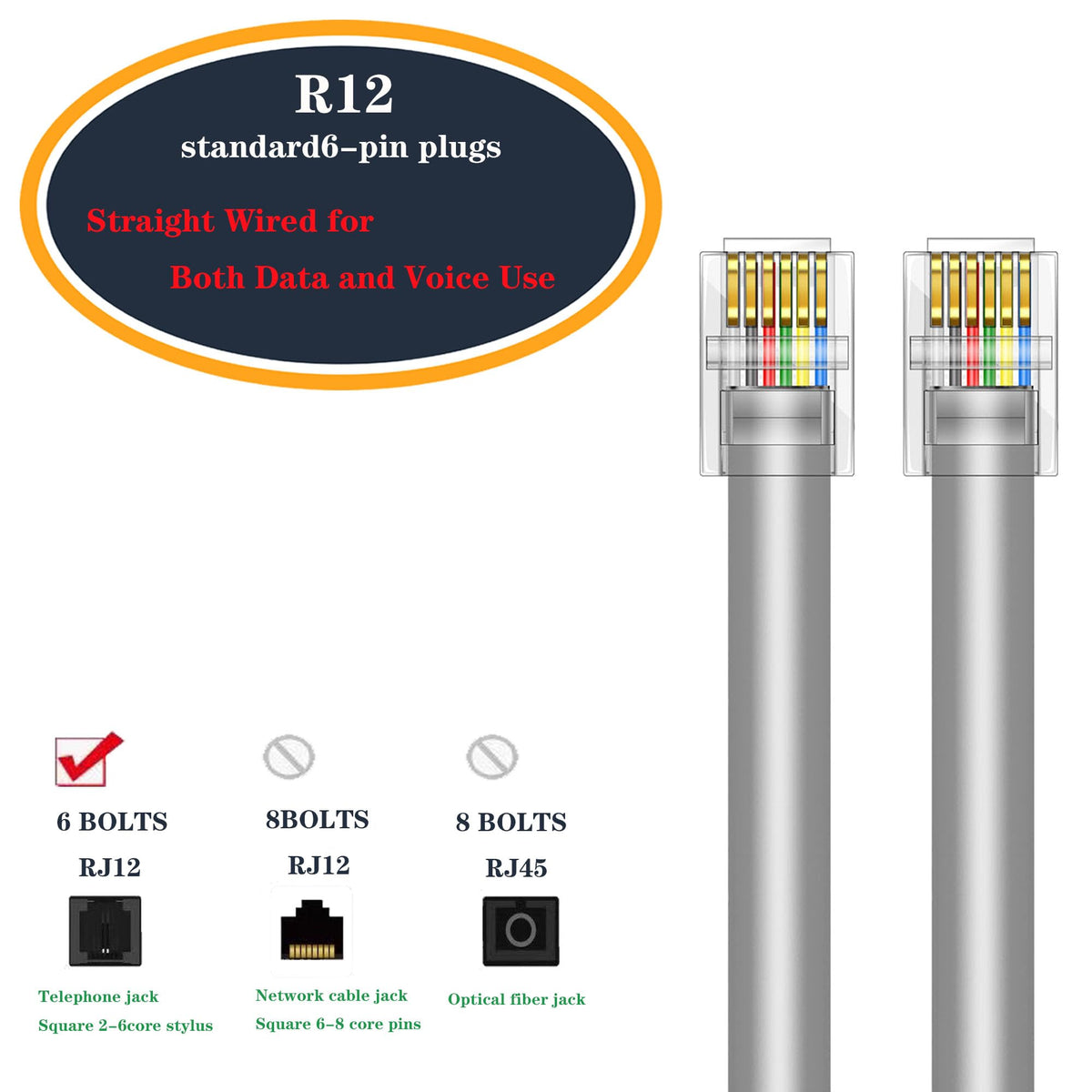 Jmzly Rj12 Cable Phone Cord Rj12 6P6C Male To Male Straight Wired For ...