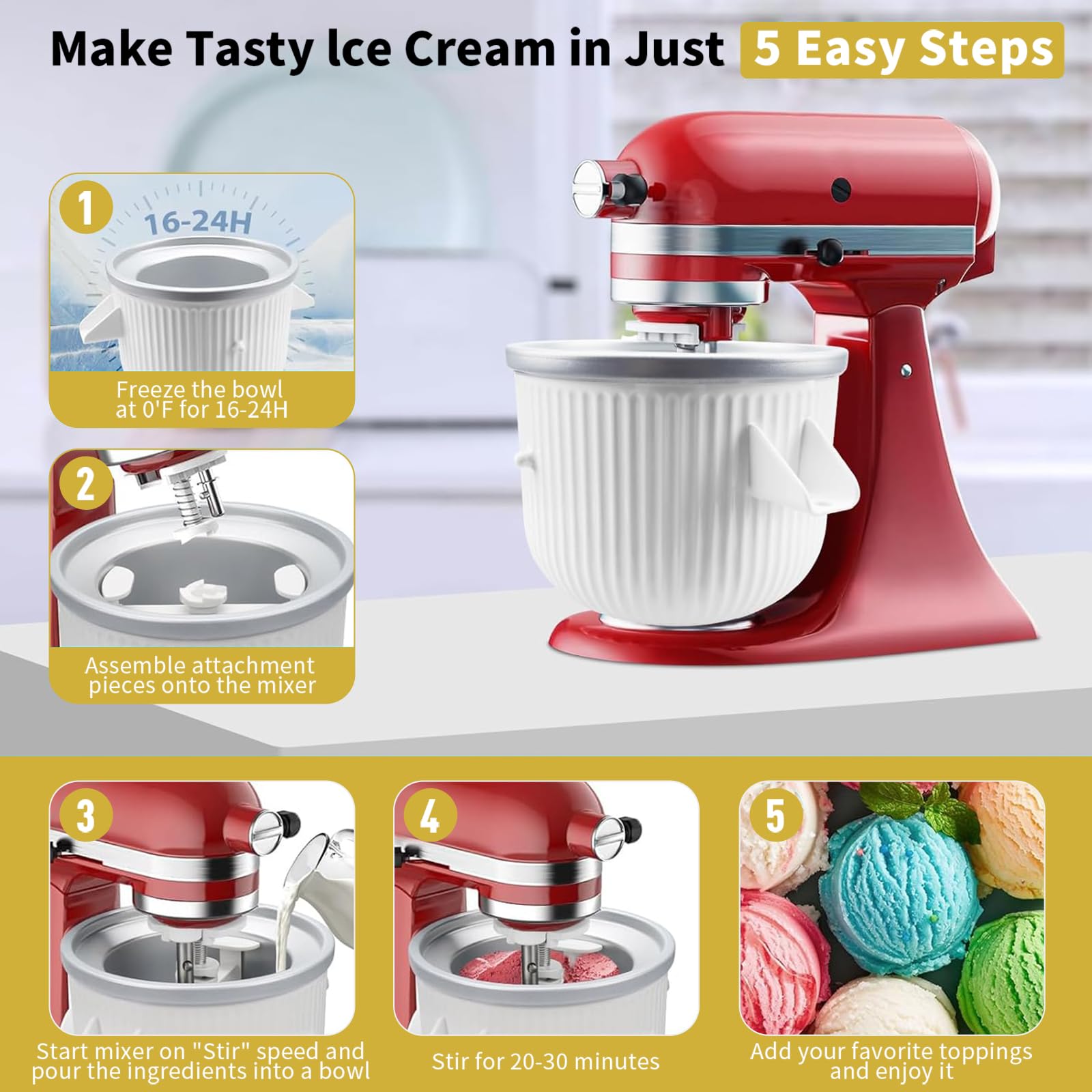 Ice Cream Attachment For Kitchenaid,Fits Kitchenaid 4.5 5Qt/5.5 6 Quart Stand Mixers,Mixer Accessories,Makes 2 Quarts Of Frozen
