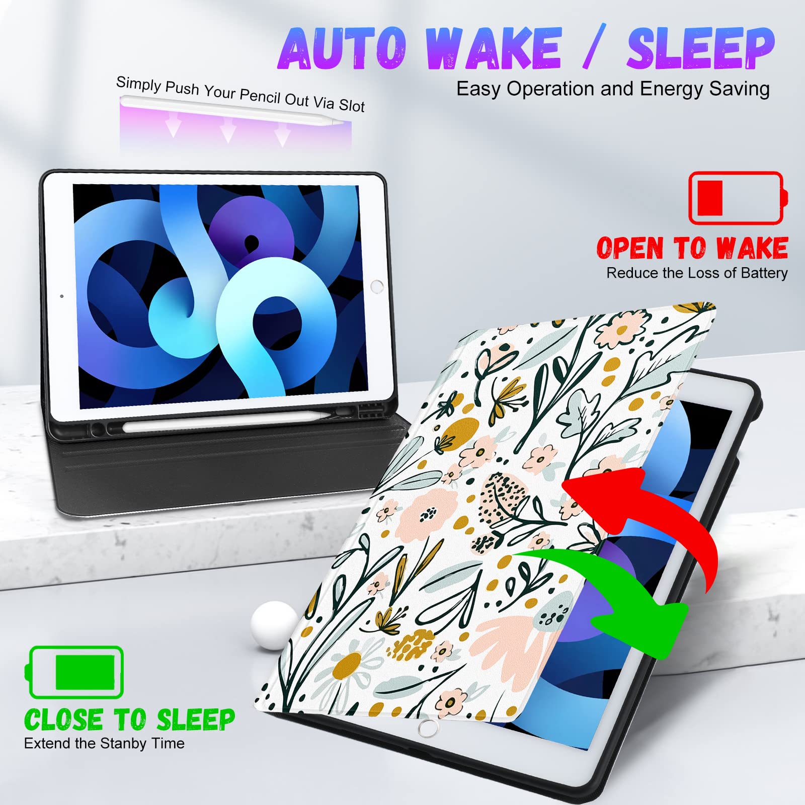 Uppuppy For Ipad 9Th/8Th/7Th Generation Case 10.2 Inch Girls Cute Women Folio Smart Cover Pencil Holder Flowers Floral Aesthetic