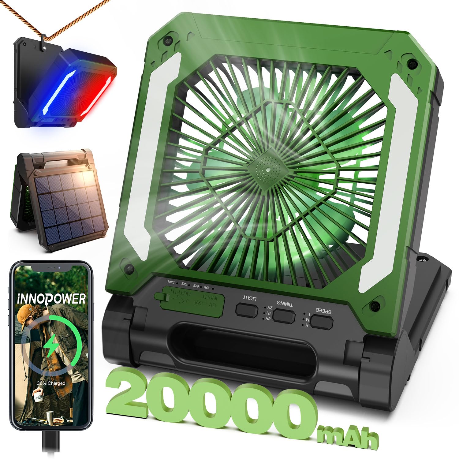 20000Mah Rechargeable Solar Camping Fan With Led Lantern, 3 Speeds Cordless Battery Powered Portable Fan With Powerbank,Timer &