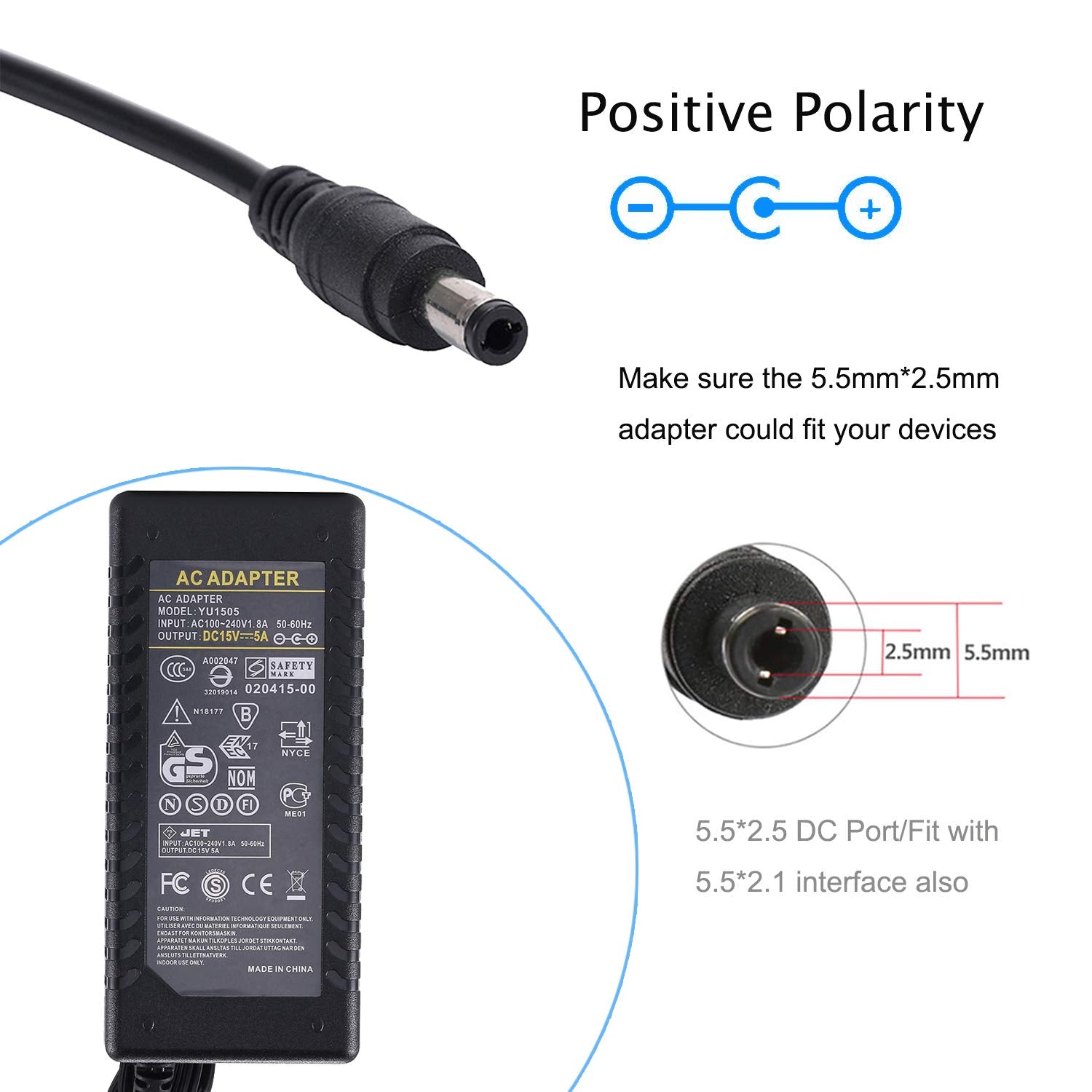 15V 5A Power Supply, Universal Ac 100 240V To Dc 15V 5A 75W Power Adapter Transformer 5.5X2.5Mm Compatible With 15 Volt 4.8A For