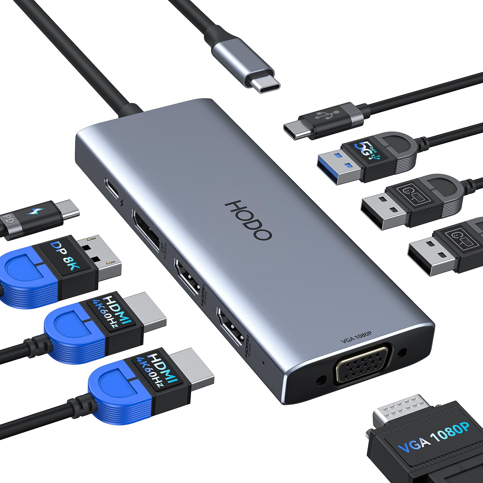 HODO USB C Docking Station Dual Monitor Adapter for Dell HP, Laptop Docking Station 3 Monitors Quad Display USB C Hub Dongle to 