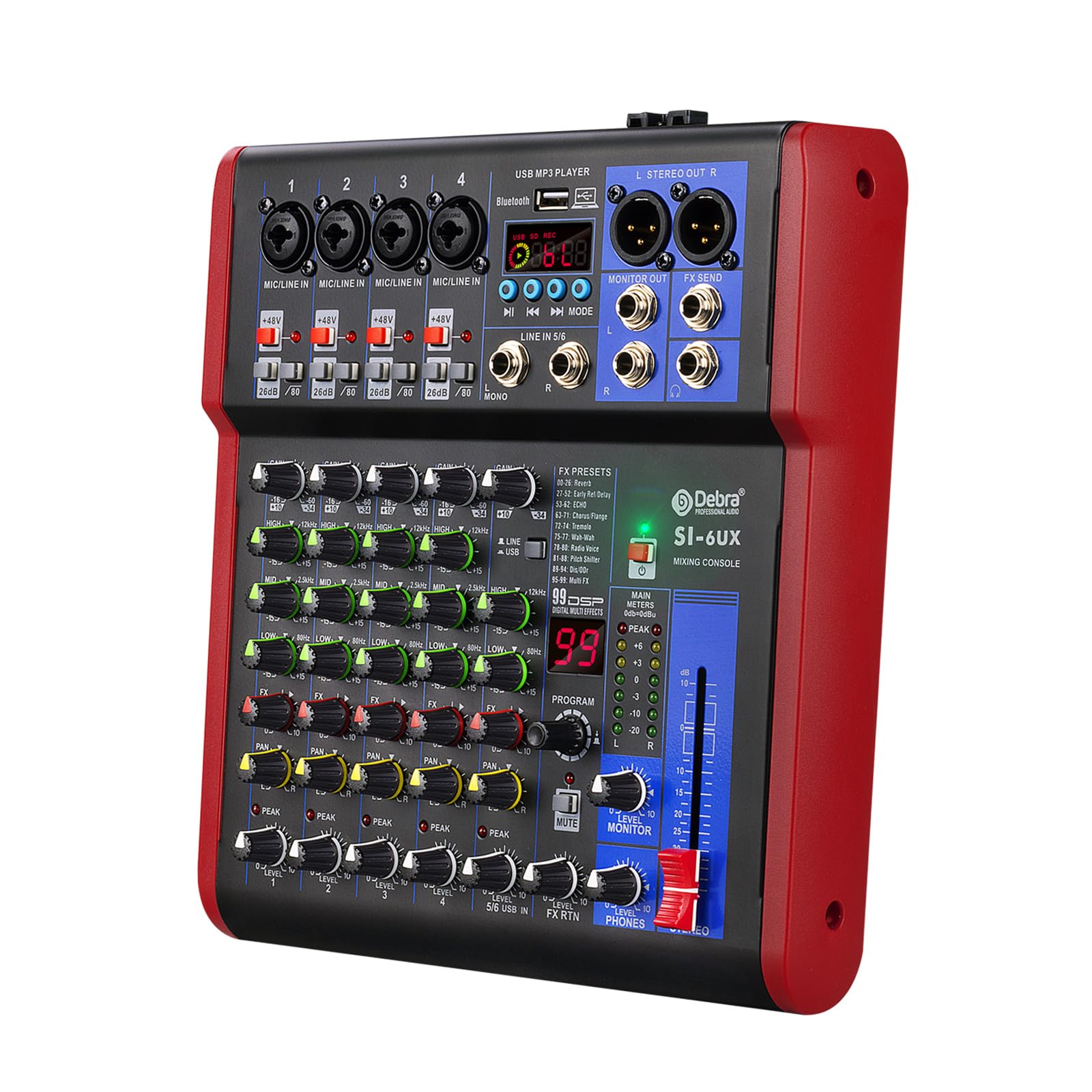 D Debra SI Series Professional Portable Recording Mixer Audio with 99 DSP Digital Effects Mic Preamps and USB for DJ Mixer Conso