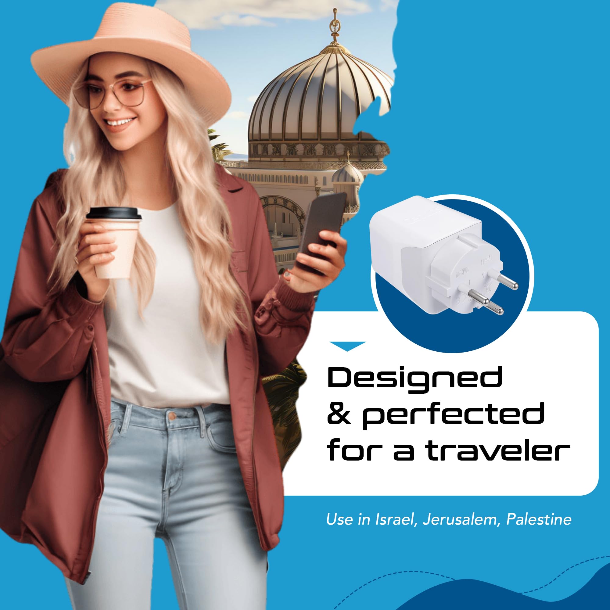 Ceptics Israel, Palestine Travel Adapter Plug With Dual Usb   Usa Input   Type H   Ultra Compact   Perfect For Cell Phones, Lapt