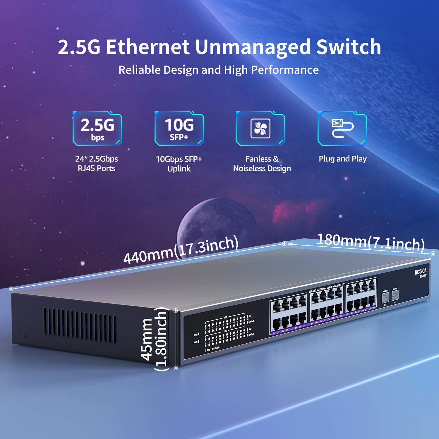 24 Port 2.5G ? 2 Port 10G Sfp+ Ethernet Switch, Nicgiga 26 Port 2.5Gb Network Switch Unmanaged, Plug & Play, Desktop Or 19 Inch