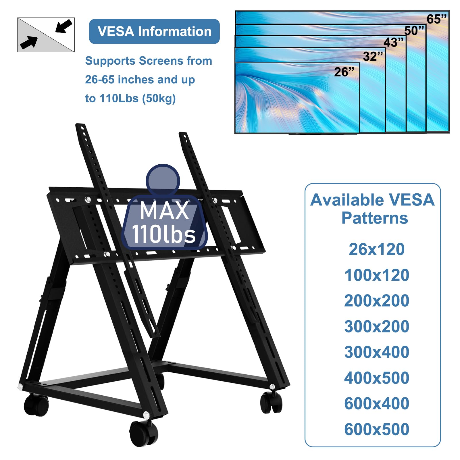 Duiliuu Low Height Mobile Tv Stand, Rolling Tv Stand With Wheel For 26 65 Inch Tv, Hight Adjustable, 36  68 Adjustable Viewing A