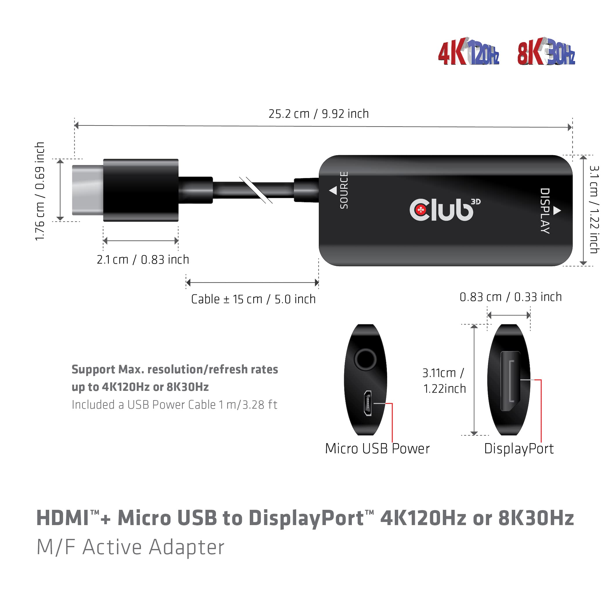 Club 3D Cac 1335 Hdmi 2.1 To Displayport 1.4 4K120Hz Or 8K30Hz M/F Active Adapter